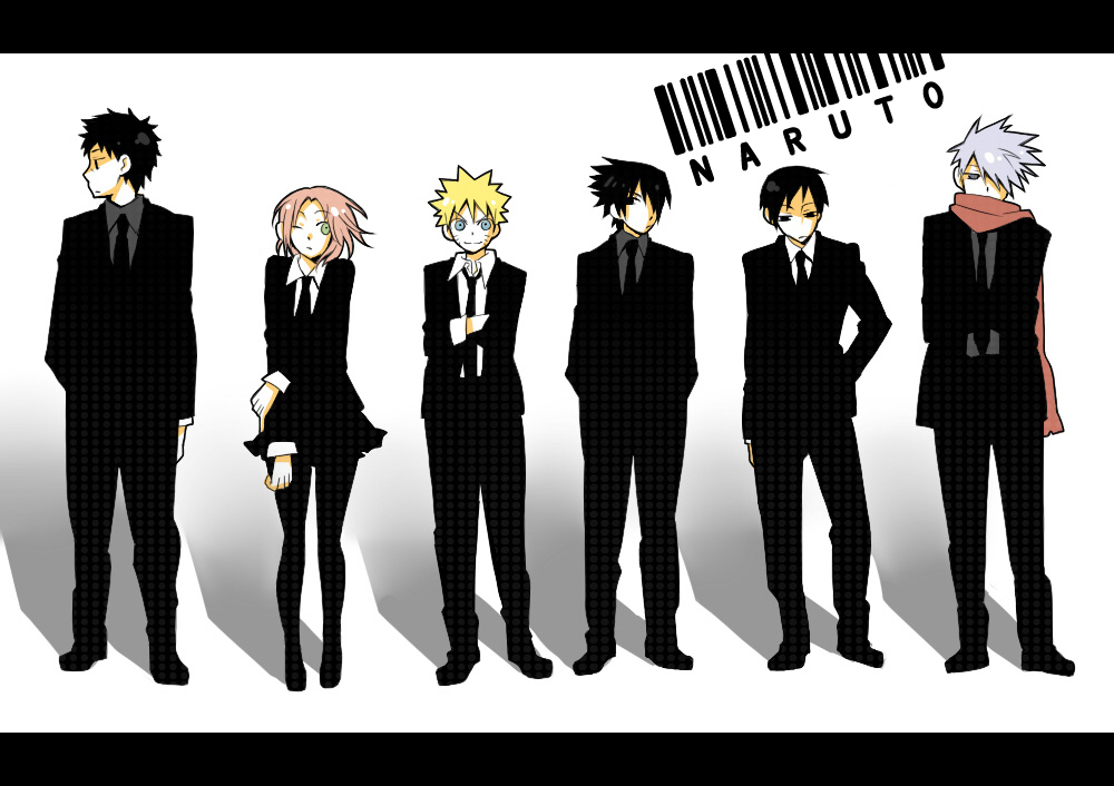 katsuko (naruto), haruno sakura, hatake kakashi, sai (naruto), uchiha sasuke, uzumaki naruto, yamato (naruto), ghost in the shell, ghost in the shell: stand alone complex, naruto (classic), naruto (series), naruto shippuuden, silver hair, 1girl, 5boys, alternate costume, barcode, black hair, blonde hair, contemporary, formal clothes, full body, ghost in the shell lineup, letterboxed, lineup, multiple boys, pantyhose, parody, skirt, standing, suit, team 7 (naruto)