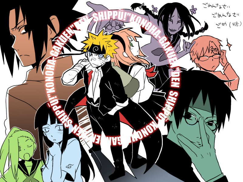 katsuko (naruto), gaara (naruto), haruno sakura, hyuuga hinata, orochimaru (naruto), sai, uchiha sasuke, uzumaki naruto, yamanaka ino, naruto (series), naruto shippuuden, 3girls, 6+boys, alternate costume, blonde hair, blue eyes, crossdressing, glasses, green eyes, multiple boys, multiple girls, pink hair, school uniform, short hair