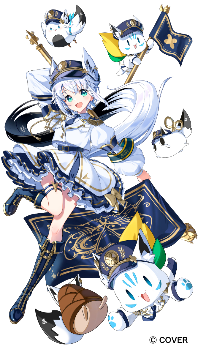 momone cco, shirakami fubuki, sukonbu (shirakami fubuki), hololive, commentary request, commission, official art, 1girl, animal ears, arm behind head, arm up, belt, black hat, blue belt, blue boots, boots, flag, fox ears, fox girl, fox tail, gold trim, hat, holding, holding flag, jacket, long sleeves, looking at viewer, open mouth, pentagram, shirt, simple background, skirt, smile, tail, thigh strap, virtual youtuber, white background, white jacket, white shirt, white skirt