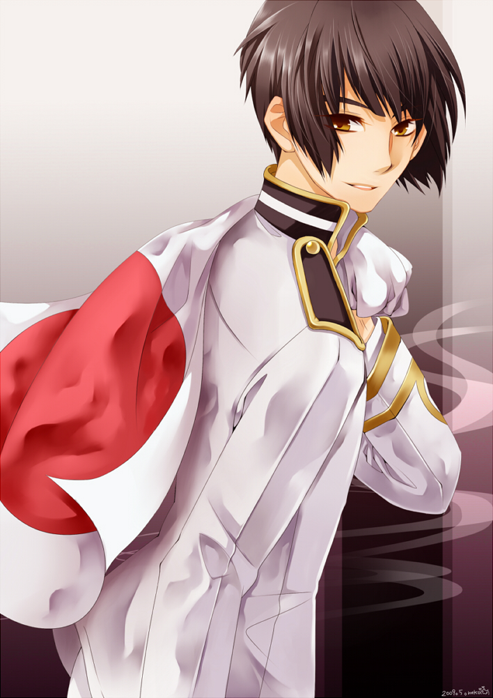 neko (natsuiroclassic), japan (hetalia), axis powers hetalia, 00s, 1boy, black hair, brown eyes, flag, japan, japanese flag, looking back, male focus, military, military uniform, short hair, smirk, solo