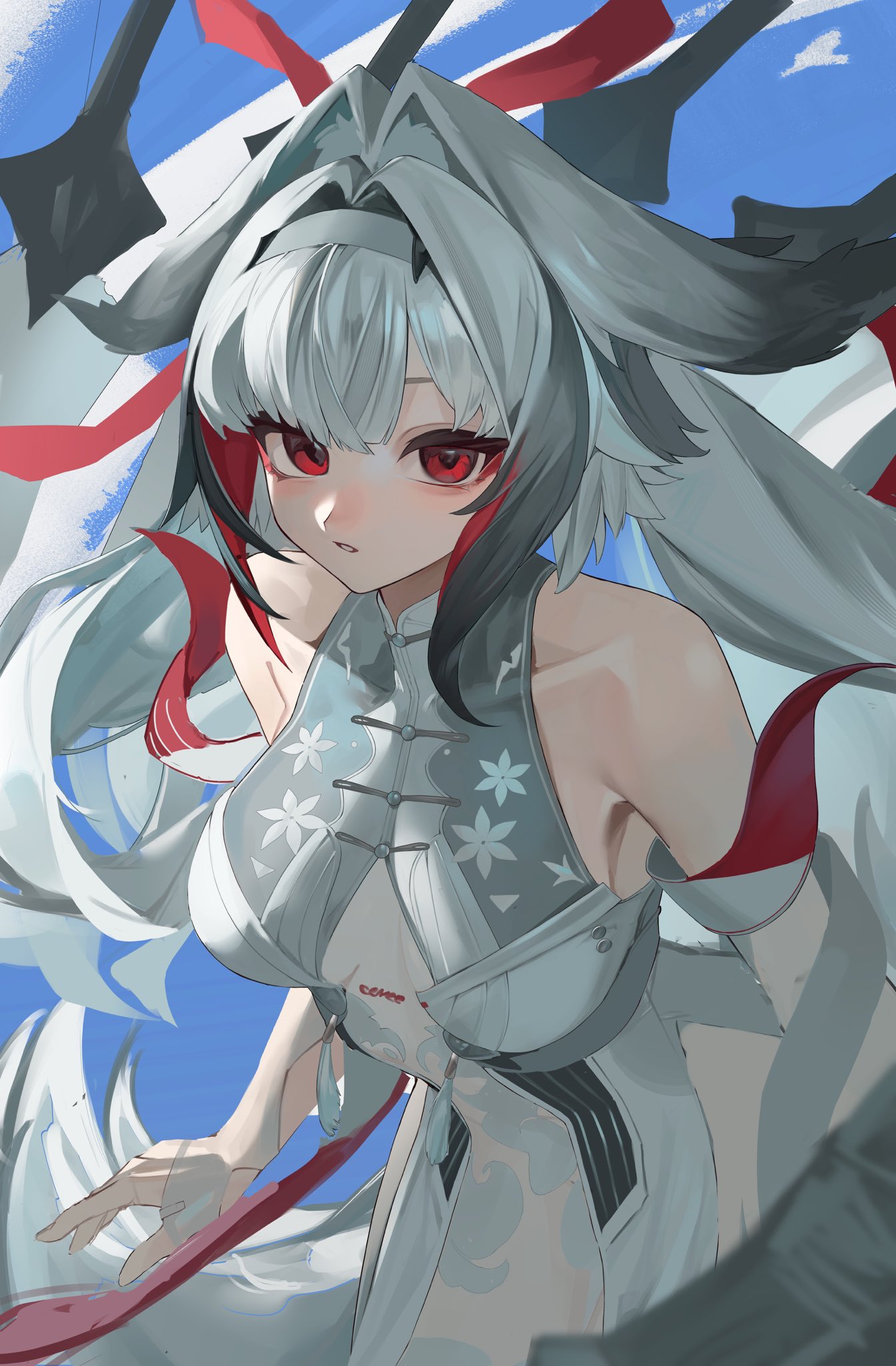 kwak0729, ye shunguang, zenless zone zero, highres, 1girl, arched back, bare shoulders, breasts, china dress, chinese clothes, collarbone, cowboy shot, dress, droopy ears, grey hairband, hairband, leaning forward, looking at viewer, medium breasts, parted lips, red eyes, red ribbon, ribbon, sleeveless, sleeveless dress, solo, white background, white dress, white hair