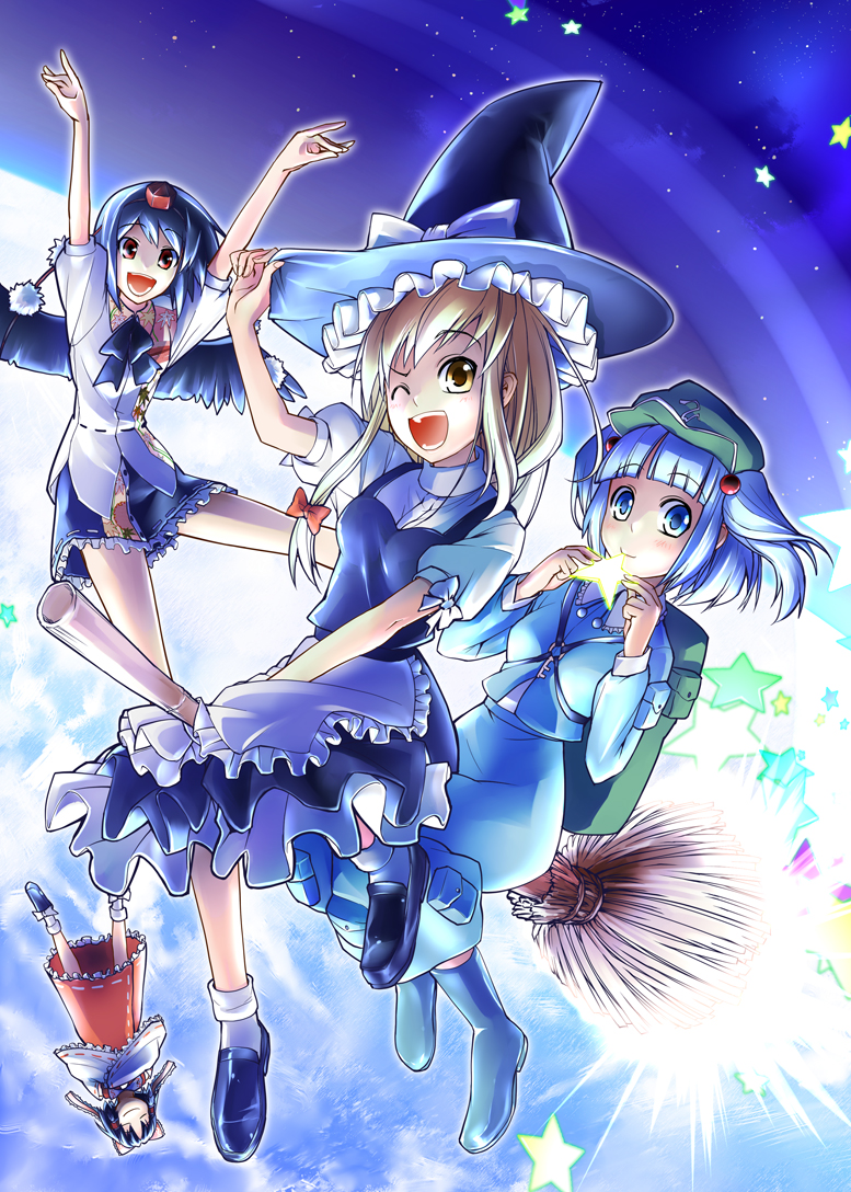 yuugo, yuugo (atmosphere), hakurei reimu, kawashiro nitori, kirisame marisa, shameimaru aya, touhou, 4girls, backpack, bag, black hair, black wings, blonde hair, blue eyes, blue hair, bow, broom, broom riding, detached sleeves, female focus, hair bobbles, hair bow, hair ornament, hat, japanese clothes, key, miko, multiple girls, randoseru, red eyes, short hair, star (symbol), tokin hat, twintails, two side up, wings, witch, witch hat, yellow eyes