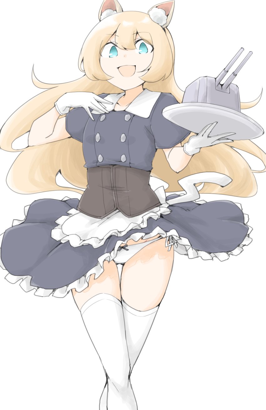 akara kai, jervis (halloween) (kancolle), jervis (kancolle), kantai collection, highres, 1girl, adapted turret, animal ear fluff, animal ears, apron, black dress, blonde hair, blue eyes, cat ears, cat tail, corset, dress, frilled apron, frilled dress, frills, gloves, long hair, panties, smile, tail, thighhighs, tray, underwear, waist apron, white apron, white gloves, white panties, white thighhighs