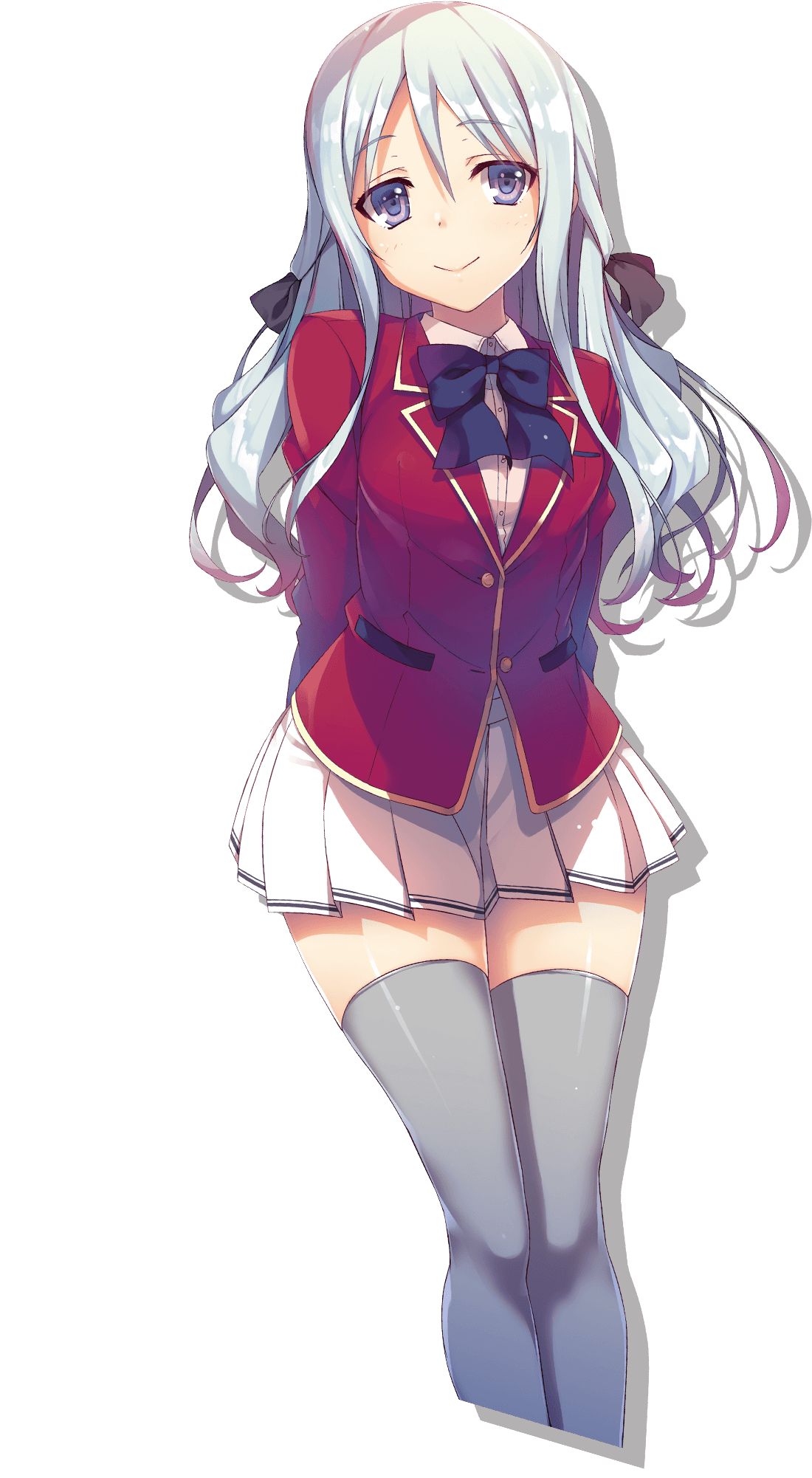 tomose shunsaku, shiina hiyori, youkoso jitsuryoku shijou shugi no kyoushitsu e, highres, official art, 1girl, advanced nurturing high school uniform, arms behind back, black bow, black bowtie, black ribbon, blazer, blue eyes, bow, bowtie, closed mouth, collared shirt, cropped legs, grey hair, grey thighhighs, hair ribbon, jacket, long hair, long sleeves, looking at viewer, pleated skirt, red jacket, ribbon, school uniform, shirt, simple background, skirt, smile, solo, thighhighs, transparent background, white shirt, white skirt, zettai ryouiki