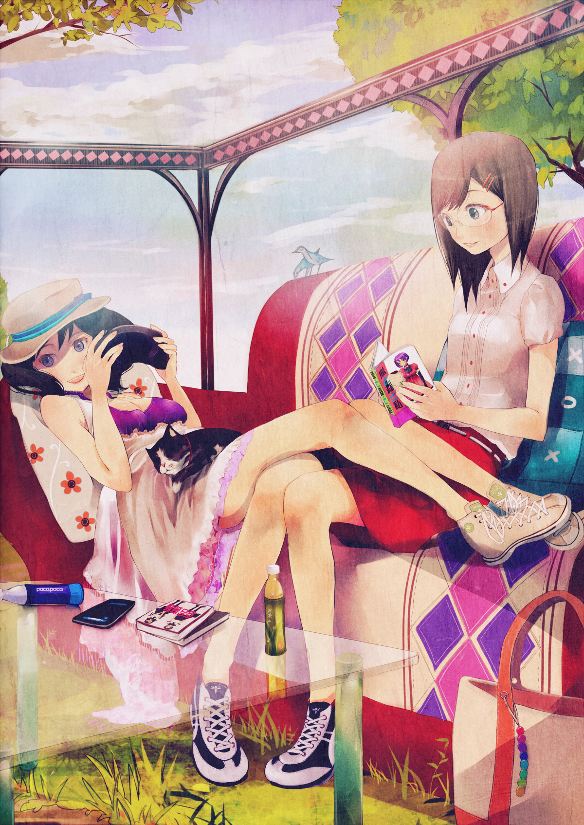 shigureteki, original, bad id, bad pixiv id, highres, 2girls, bag, bird, black hair, book, breasts, brown hair, cat, cleavage, couch, drink, glasses, grass, handbag, long hair, mole, multiple girls, no socks, outdoors, playing games, shoes, smile, sneakers, video game