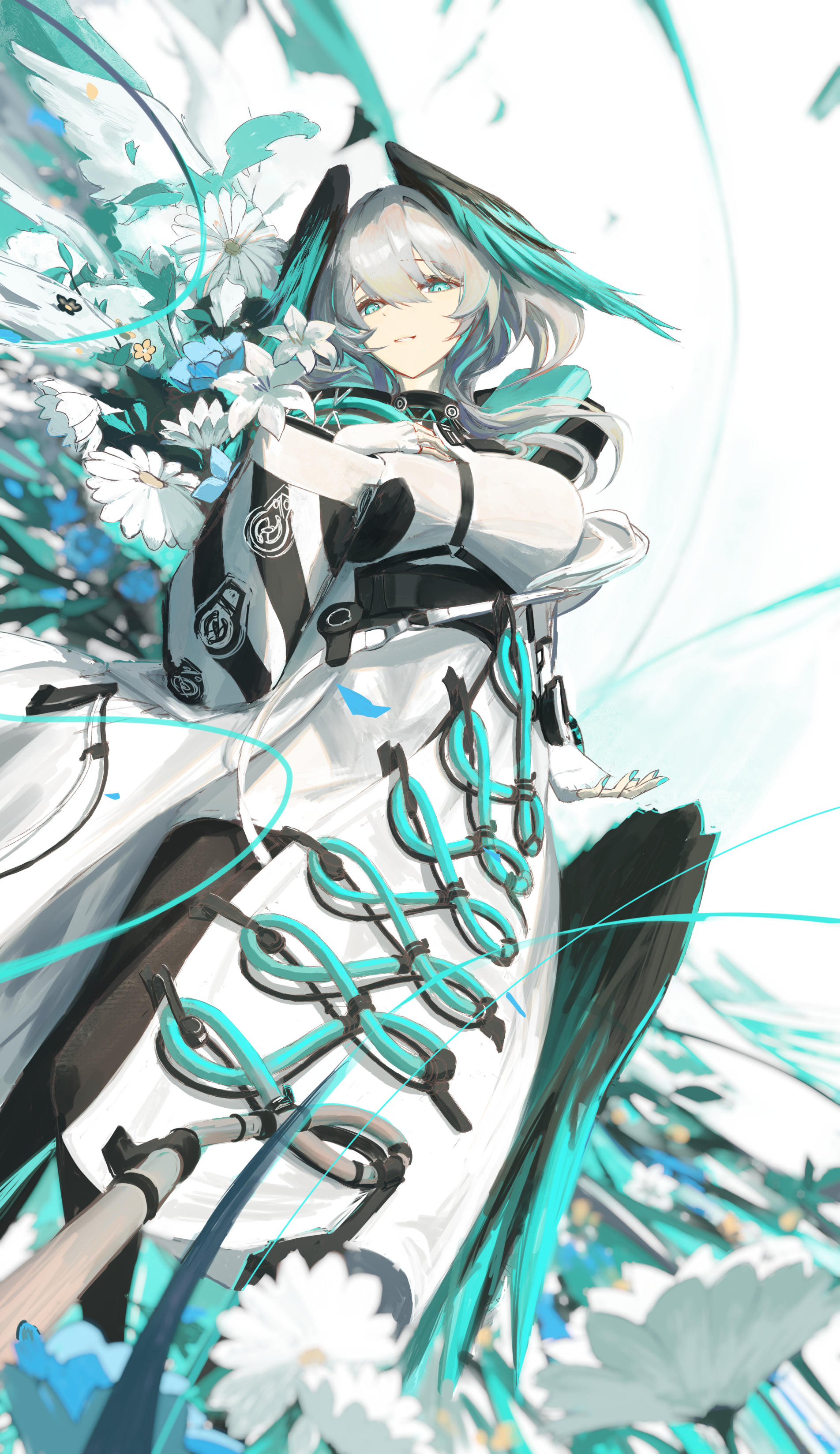 nnikigoma, ho'olheyak (arknights), arknights, absurdres, commentary request, highres, breasts, clenched hand, feathered wings, flower, green eyes, grey hair, large breasts, short hair, white flower, wing collar, wings