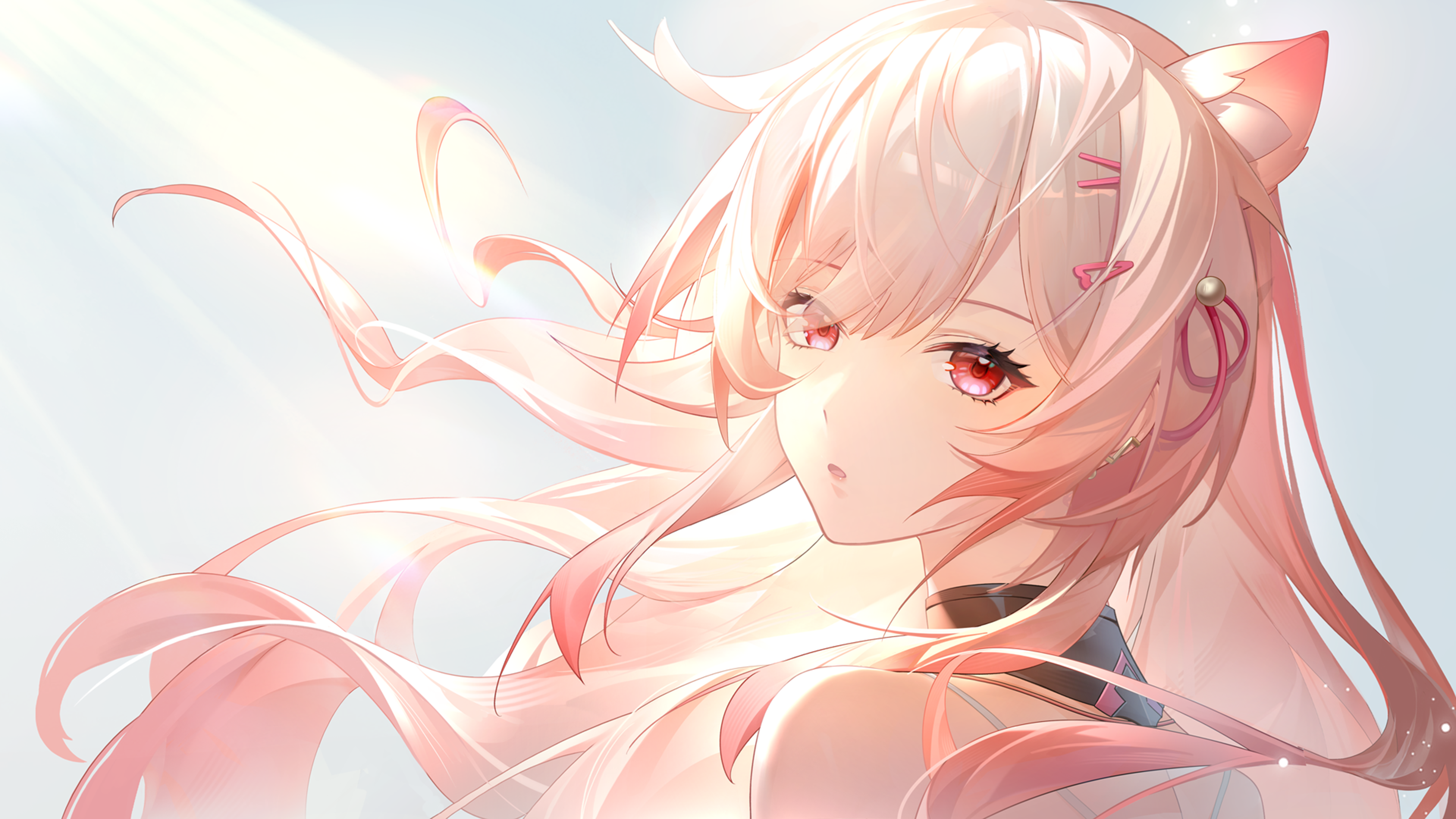 snowbreak: containment zone, absurdres, artist request, commentary request, highres, official art, 1girl, animal ears, close-up, gradient hair, grey hair, hair ornament, hair ribbon, hairclip, long hair, looking back, mia skye, multicolored hair, parted lips, pink hair, pink ribbon, red eyes, ribbon, solo