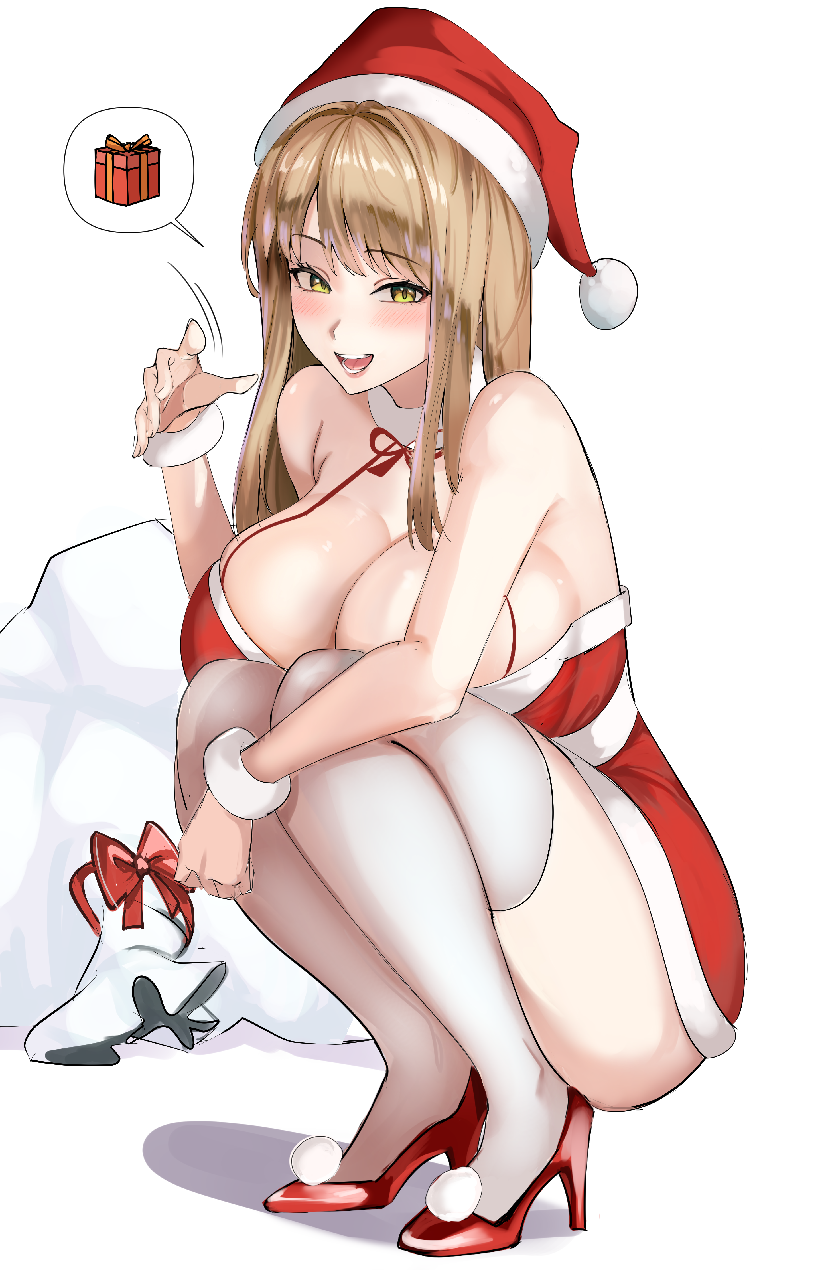 kopepan (kopepann11), emma (color me red) (nikke), emma (nikke), goddess of victory: nikke, absurdres, commentary, highres, 1girl, :d, bare arms, bare shoulders, blush, bow, breasts, brown hair, collar, dress, full body, fur-trimmed dress, fur-trimmed headwear, fur collar, fur trim, fur wrist cuffs, halter dress, halterneck, hand up, hat, high heels, huge breasts, long hair, looking at viewer, motion lines, neck ribbon, official alternate costume, open mouth, pom pom (clothes), pumps, red bow, red dress, red hat, red ribbon, red shoes, ribbon, sack, santa costume, santa dress, santa hat, shoes, short dress, simple background, smile, solo, speech bubble, spoken object, squatting, thighhighs, white background, white collar, white thighhighs, wrist cuffs, yellow eyes