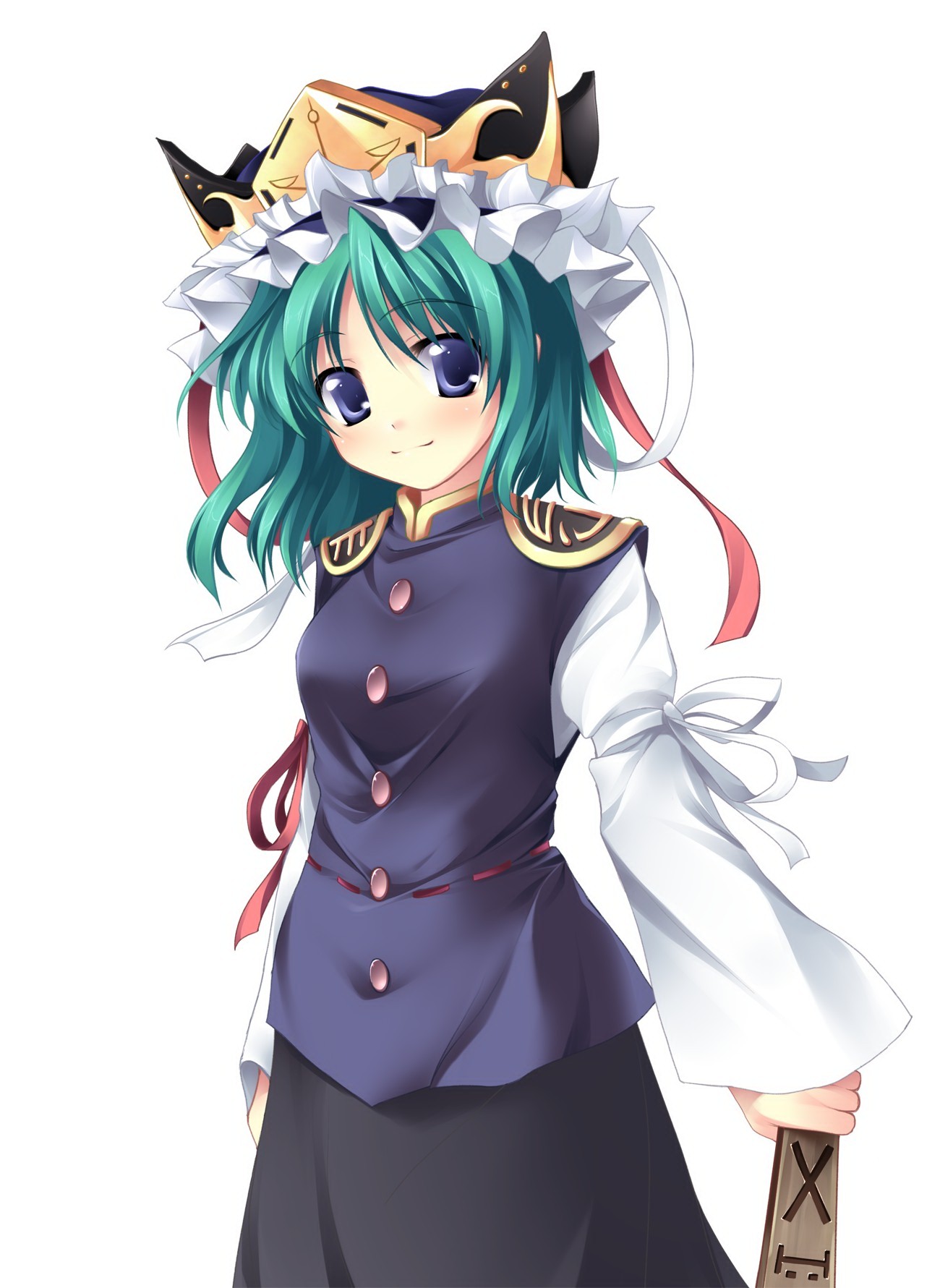 tateha (marvelous grace), shiki eiki, touhou, highres, non-web source, 1girl, aqua hair, armband, blue eyes, blue hair, breasts, epaulettes, female focus, green hair, hat, hat ribbon, head tilt, looking at viewer, matching hair/eyes, medium breasts, ribbon, rod of remorse, shirt, short hair, simple background, skirt, sleeveless, sleeveless shirt, smile, solo, upper body, white background