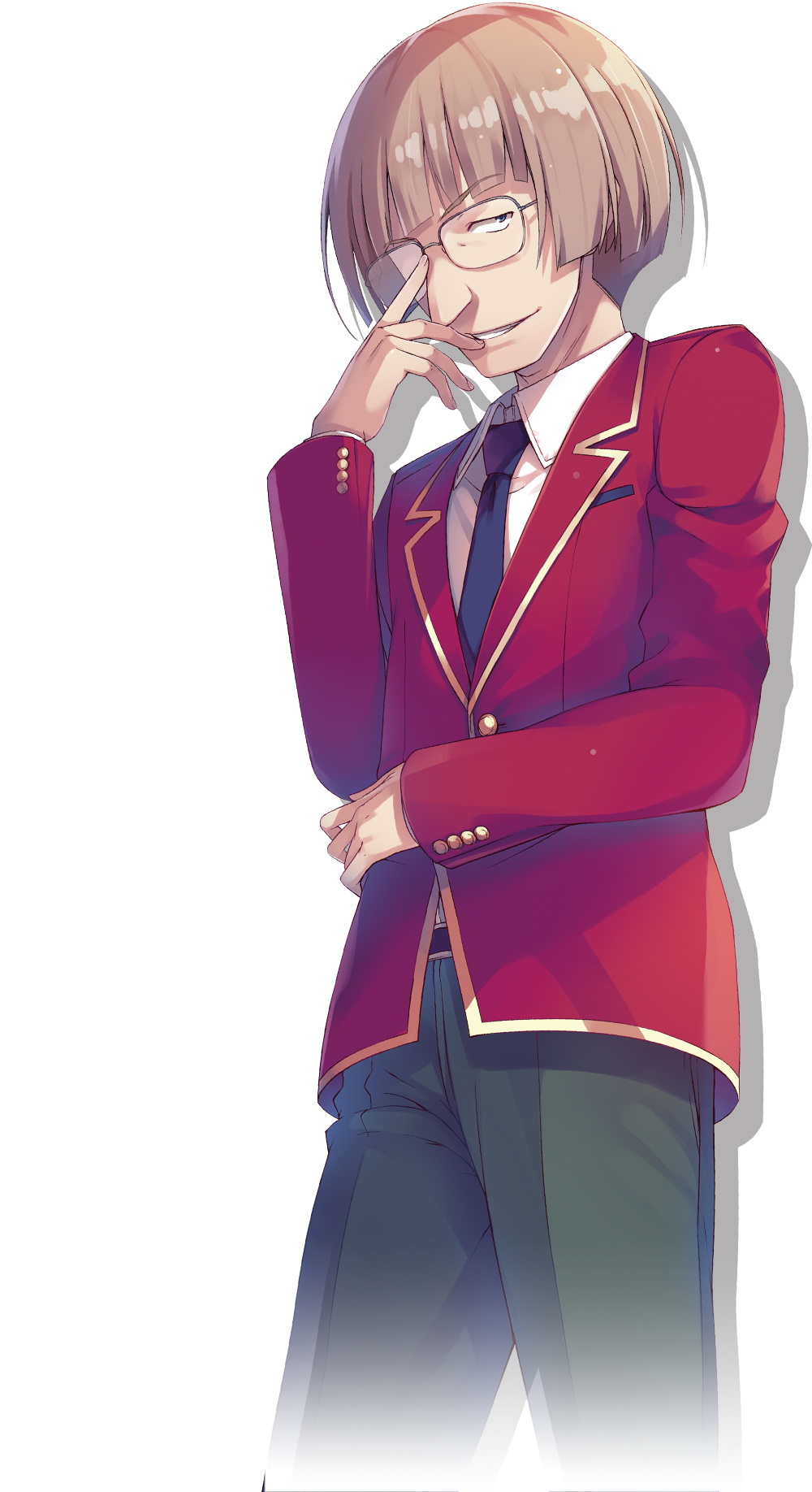 tomose shunsaku, youkoso jitsuryoku shijou shugi no kyoushitsu e, highres, official art, 1boy, adjusting eyewear, advanced nurturing high school uniform, black necktie, blazer, brown hair, collared shirt, glasses, green pants, grin, jacket, kaneda satoru, long sleeves, looking at viewer, male focus, necktie, pants, red jacket, school uniform, shirt, simple background, smile, solo, transparent background, white shirt