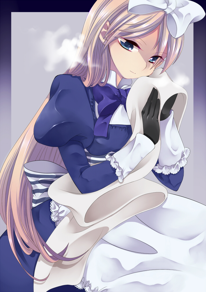 neko (natsuiroclassic), belarus (hetalia), axis powers hetalia, 00s, 1girl, apron, blonde hair, blue eyes, breath, dress, female focus, frills, gloves, hair ribbon, long hair, nuzzle, ribbon, scarf, sitting, solo, very long hair