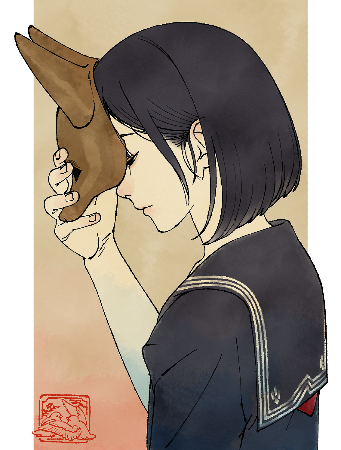 terayama (terra yama 8383), shimizu hinako, silent hill (series), silent hill f, commentary, highres, symbol-only commentary, 1girl, black eyes, black hair, fox mask, from side, hair behind ear, looking down, mask, medium hair, portrait, putting on mask, sailor collar, school uniform