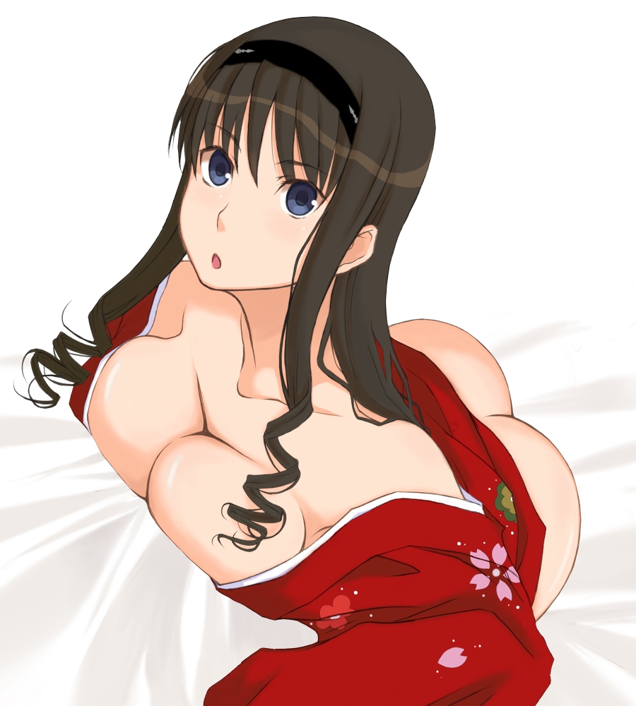 kamimiya, morishima haruka, amagami, bad id, bad pixiv id, 1girl, :o, ass, breast press, breasts, female focus, hairband, japanese clothes, kimono, large breasts, no bra, no panties, red kimono, solo, yukata