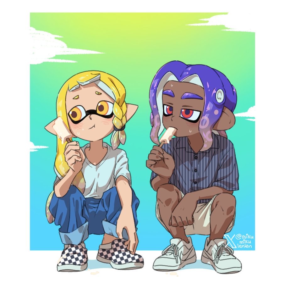 ariamikukanzaki, nintendo, splatoon (series), splatoon 3, commentary, english commentary, 1boy, 1girl, asymmetrical hair, blonde hair, blue hair, blue pants, braid, checkered footwear, dark-skinned male, dark skin, eyebrow cut, food, hirooooo (splatoon), holding, holding food, holding popsicle, inkling, melting, octoling, pants, pointy ears, popsicle, red eyes, shirt, shoes, shorts, side braid, signature, slip-on shoes, sneakers, squatting, striped clothes, striped shirt, sweatdrop, t-shirt, tentacle hair, veronika (splatoon), white shoes, white shorts, yellow eyes