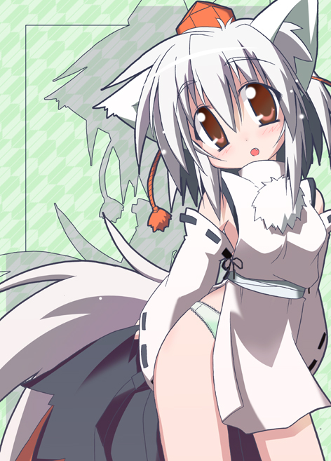 suzukishi, inubashiri momiji, touhou, silver hair, bad id, bad pixiv id, 1girl, animal ears, blush, bottomless, detached sleeves, fang, female focus, hat, no pants, orange eyes, panties, short hair, solo, tail, tokin hat, underwear, wolf ears, wolf tail