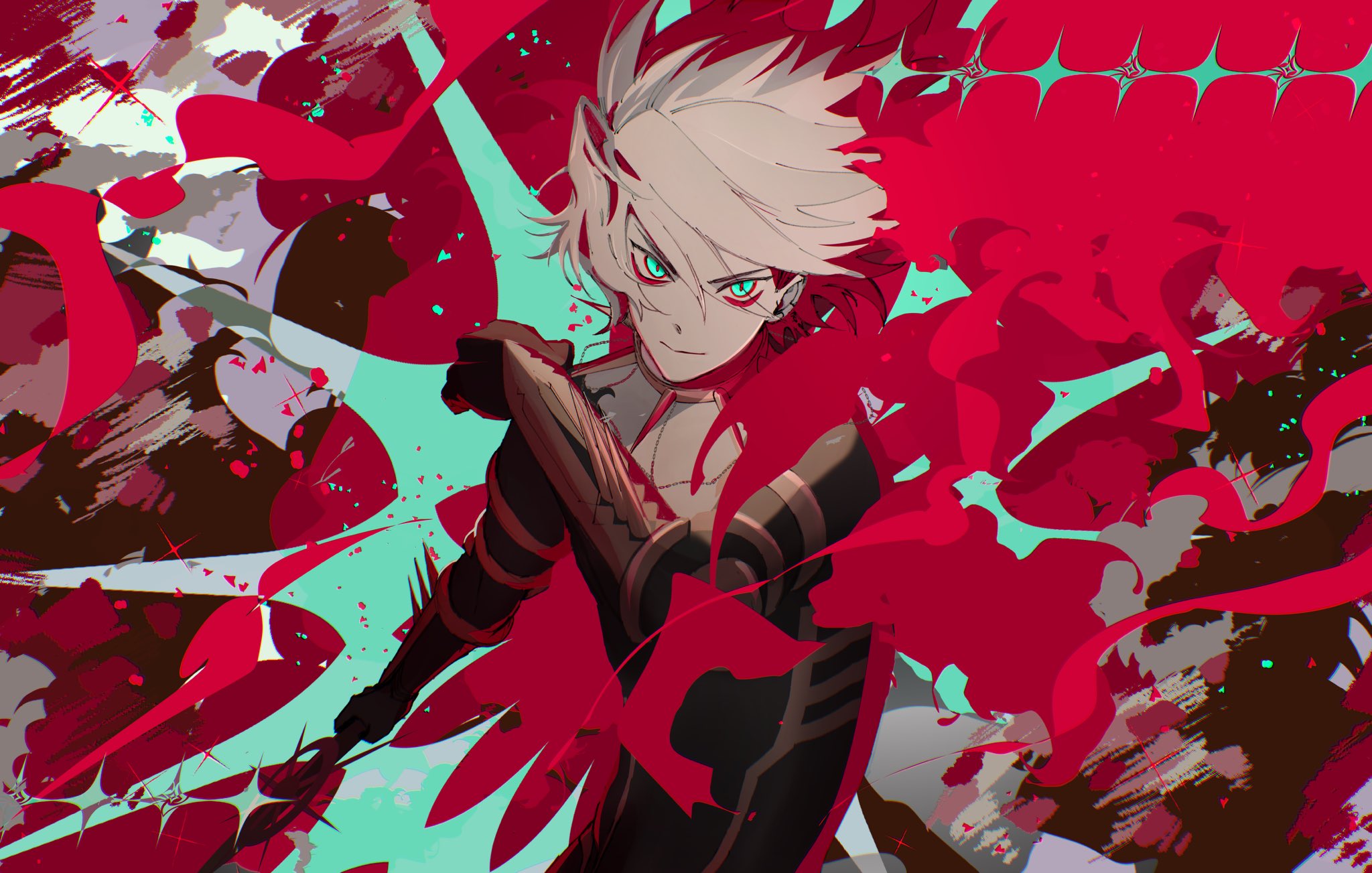 karna (fate), fate/apocrypha, fate/grand order, fate (series), highres, 1boy, blue eyes, cape, collar, eyeshadow, eyeshadow under eye, fur cape, hair between eyes, holding, holding polearm, holding weapon, jewelry, jun canopus, looking at viewer, makeup, male focus, pale skin, polearm, red eyeshadow, short hair, solo, spiked collar, spikes, upper body, weapon, white hair