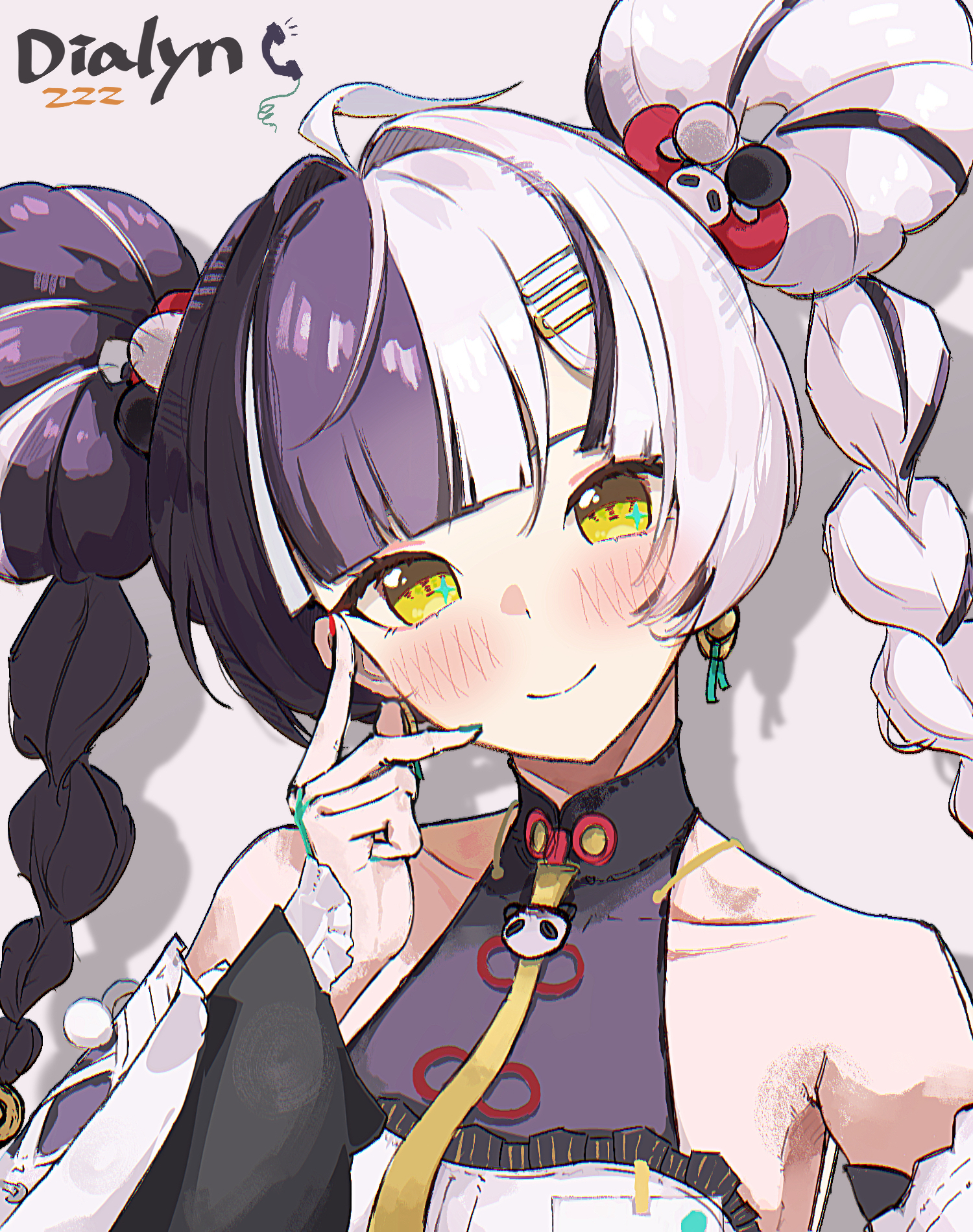 opuricheri, dialyn (zenless zone zero), zenless zone zero, commentary request, highres, 1girl, ahoge, aqua nails, bare shoulders, black hair, blush, braid, braided twintails, character name, china dress, chinese clothes, closed mouth, collarbone, copyright name, detached sleeves, double bun, dress, earrings, grey background, hair bun, hair extensions, hair intakes, head tilt, jewelry, long hair, looking at viewer, multicolored hair, multicolored nails, necktie, portrait, red nails, ring hair extensions, shadow, simple background, smile, solo, sparkling eyes, split-color hair, white dress, white hair, yellow eyes, yellow necktie