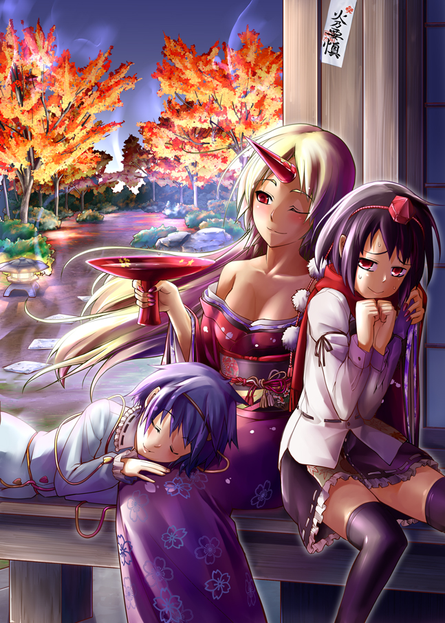 yuugo, yuugo (atmosphere), hoshiguma yuugi, komeiji satori, shameimaru aya, touhou, 3girls, alcohol, black hair, blonde hair, closed eyes, cup, female focus, hairband, hat, heart, horns, japanese clothes, lap pillow, long hair, multiple girls, purple hair, red eyes, sakazuki, sake, scarf, short hair, single horn, sleeping, thighhighs, tokin hat