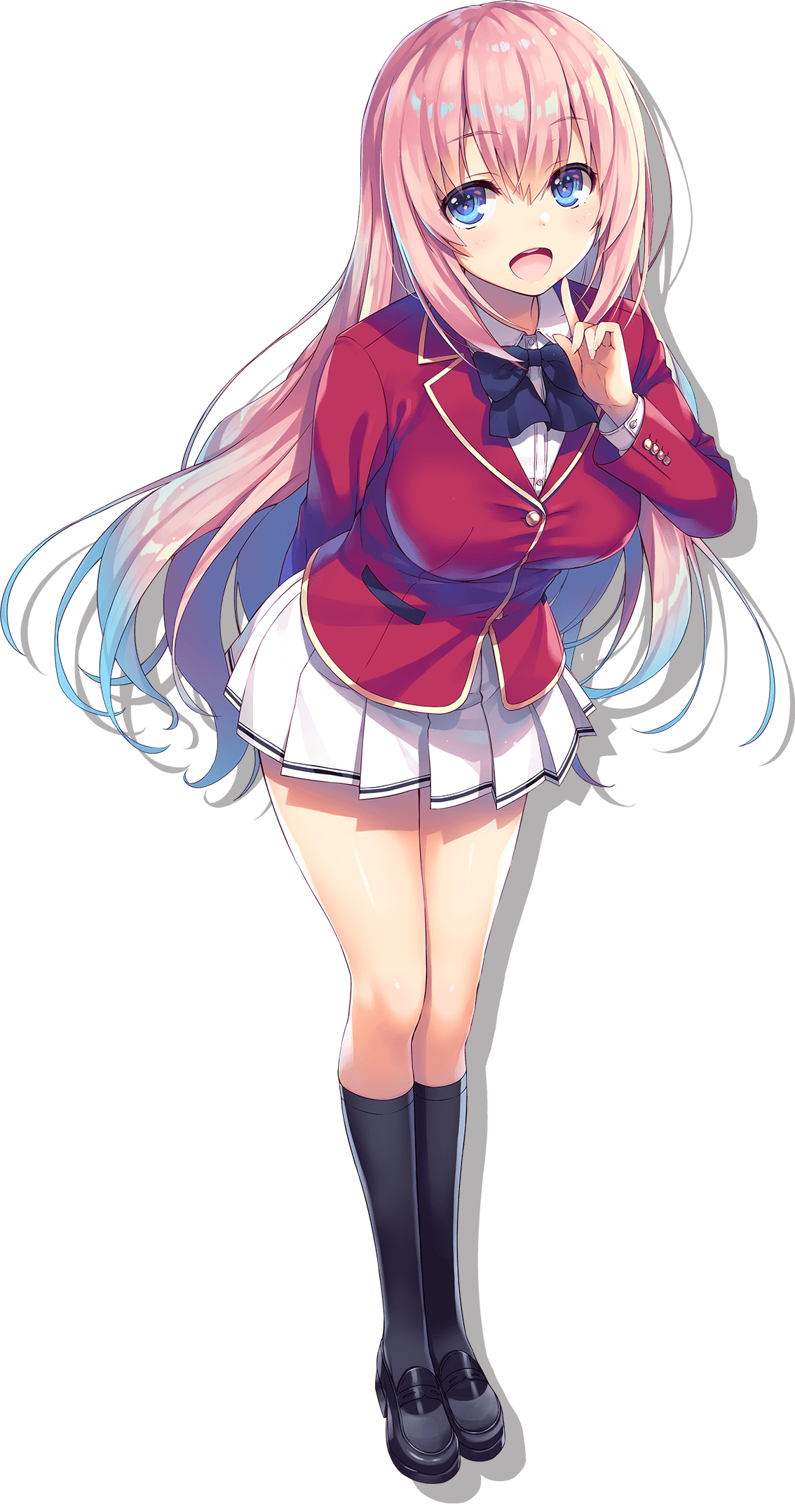 tomose shunsaku, ichinose honami (youjitsu), youkoso jitsuryoku shijou shugi no kyoushitsu e, highres, official art, 1girl, advanced nurturing high school uniform, arm behind back, black shoes, black socks, blazer, blue eyes, blue hair, blush, bow, bowtie, breasts, buttoned cuffs, buttons, fingernails, full body, gradient hair, hand up, index finger raised, jacket, kneehighs, large breasts, leaning forward, legs together, loafers, long hair, long sleeves, looking at viewer, miniskirt, multicolored hair, open mouth, pink hair, pleated skirt, red jacket, ribbon, school uniform, shadow, shiny skin, shirt, shoes, skirt, small hands, smile, socks, solo, standing, transparent background, two-tone hair, white shirt