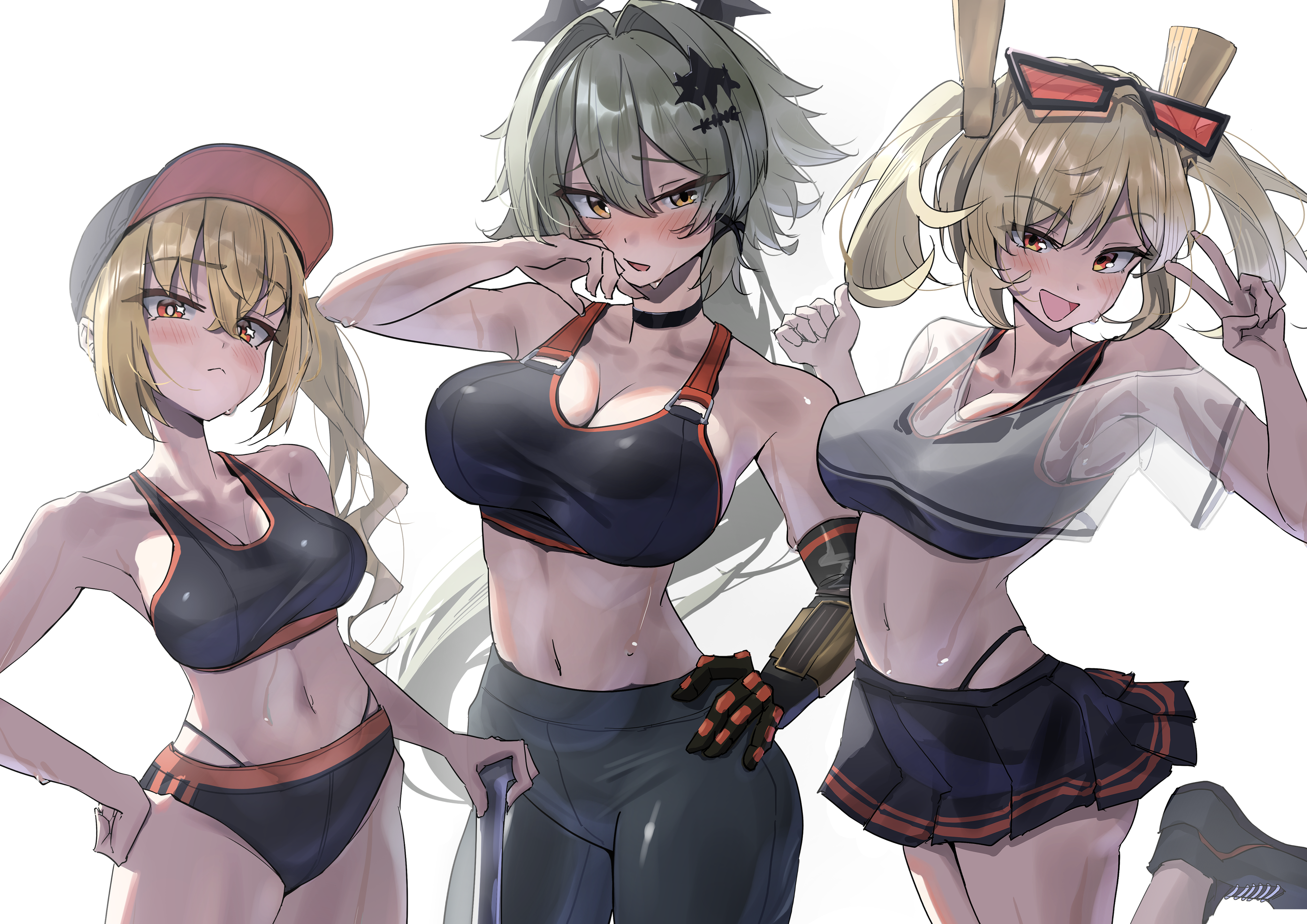 tora (kumo sakamoto), burnice white, caesar king (zenless zone zero), luciana de montefio, zenless zone zero, absurdres, commentary request, highres, 3girls, alternate costume, baseball bat, baseball cap, black bra, black buruma, black choker, black pants, black skirt, blonde hair, blush, bra, breasts, buruma, choker, cleavage, cowboy shot, eyewear on head, green hair, gym uniform, hair between eyes, hair ornament, hat, holding, holding baseball bat, large breasts, long hair, looking at viewer, multiple girls, navel, orange eyes, panties, panties under buruma, pants, prosthesis, prosthetic arm, see-through clothes, see-through shirt, shirt, side ponytail, simple background, skirt, sports bra, standing, standing on one leg, stomach, sweat, twintails, underwear, v, white background, x hair ornament