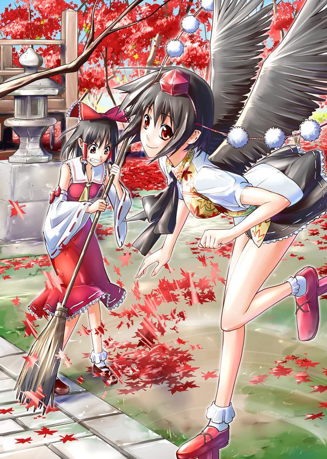 yuugo, yuugo (atmosphere), hakurei reimu, shameimaru aya, touhou, 2girls, black hair, black wings, bow, broom, detached sleeves, female focus, geta, hair bow, hat, japanese clothes, leaf, miko, multiple girls, red eyes, short hair, sweeping, tengu-geta, tokin hat, wings