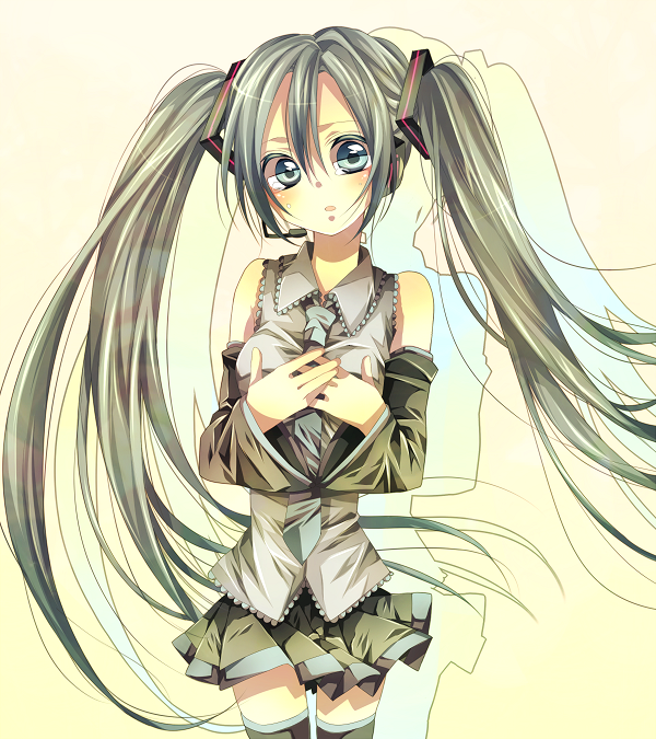 tsukioka tsukiho, hatsune miku, vocaloid, 1girl, female focus, long hair, skirt, solo, thighhighs, twintails, very long hair