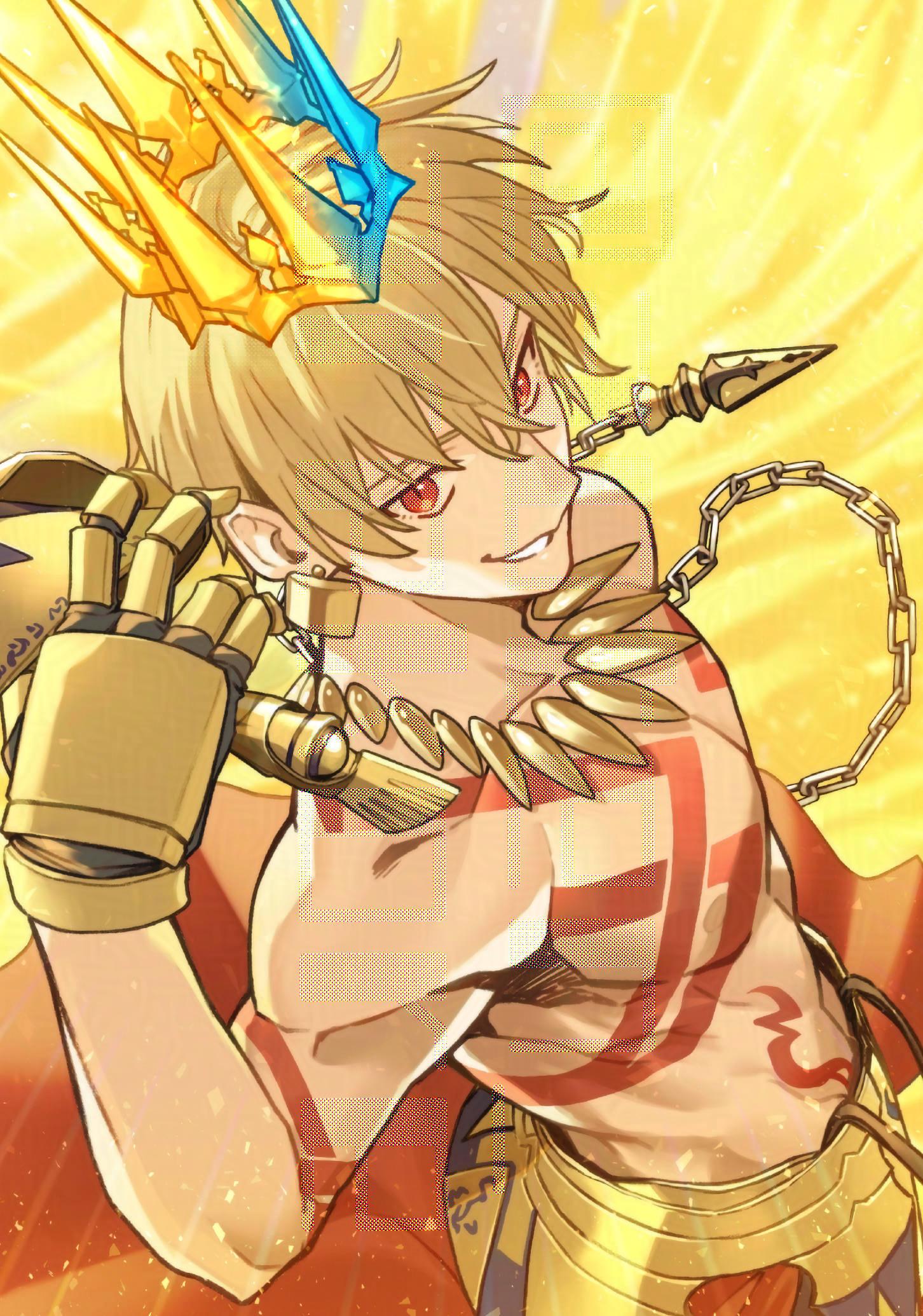 aoten (aoiroarekore), gilgamesh (fate), fate/grand order, fate (series), commentary, highres, symbol-only commentary, 1boy, armor, blonde hair, body markings, chain, crown, earrings, from above, gauntlets, holding, holding weapon, jewelry, male focus, necklace, open mouth, red eyes, short hair, smile, solo, topless male, weapon