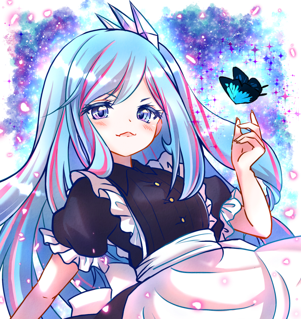 momobesaeka, rilliona (yu-gi-oh!), witchcrafter madame verre, yu-gi-oh!, commentary request, 1girl, apron, aqua eyes, aqua hair, blue butterfly, blush, bug, butterfly, closed mouth, crystal hair ornament, duel monster, frilled sleeves, frills, insect, long hair, looking at viewer, maid, maid apron, pink hair, puffy short sleeves, puffy sleeves, short sleeves, smile, solo, very long hair, white apron