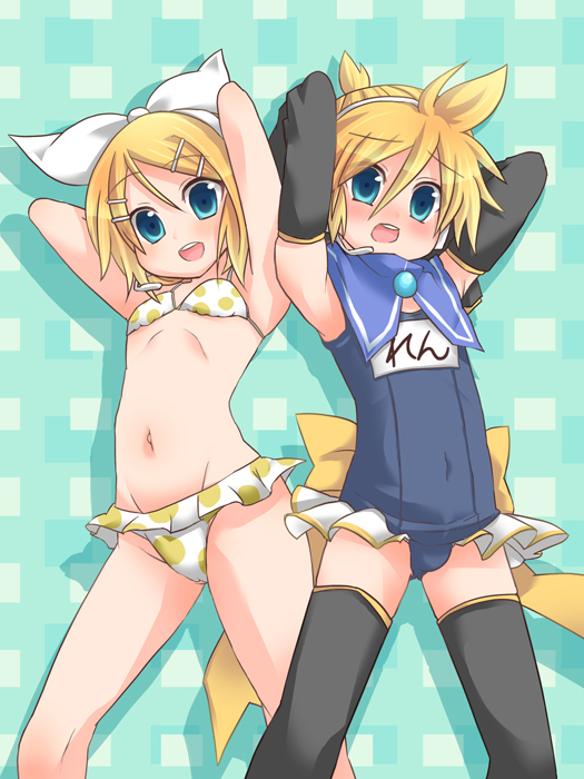domoki kenji, kagamine len, kagamine rin, kagamine len no bousou (vocaloid), project diva, project diva (series), vocaloid, 1boy, 1girl, armpits, arms behind head, arms up, bikini, blonde hair, brother and sister, bulge, crossdressing, detached sleeves, green eyes, loli, one-piece swimsuit, polka dot, polka dot bikini, polka dot swimsuit, school swimsuit, short hair, shota, siblings, sleeveless, swimsuit, swimsuit costume, thighhighs, trap, twins
