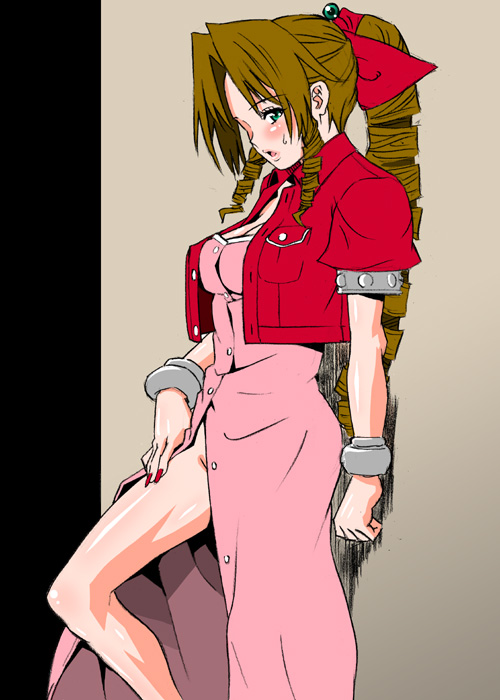 aerith gainsborough, final fantasy, final fantasy vii, drain, 1990s (style), 1girl, blush, bow, breasts, brown hair, cleavage, cropped jacket, dress, drill hair, female focus, fingernails, green eyes, hair ribbon, legs, long dress, long hair, looking at viewer, nail (hardware), nail polish, no panties, pink bow, pink dress, ponytail, retro artstyle, ribbon, side slit, solo, thighs