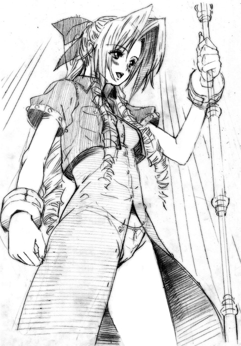 aerith gainsborough, final fantasy, final fantasy vii, drain, 1990s (style), 1girl, blush, cropped jacket, dress, drill hair, female focus, greyscale, hair ribbon, long hair, monochrome, open mouth, panties, pantyshot, polearm, ponytail, retro artstyle, ribbon, sketch, solo, underwear, upskirt, weapon