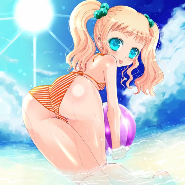 kay, kay (utd), original, bad id, bad pixiv id, 1girl, :p, all fours, aqua eyes, ass, ball, beach, beachball, bent over, bikini, blonde hair, blue eyes, blush, cloud, day, dutch angle, earrings, eyelashes, female focus, fisheye, flat chest, from behind, hair bobbles, hair ornament, jewelry, loli, long hair, looking at viewer, looking back, orange hair, outdoors, sky, solo, sparkle, striped bikini, striped clothes, submerged, sun, swimsuit, thigh gap, thighs, tongue, tongue out, trefoil, twintails, wet