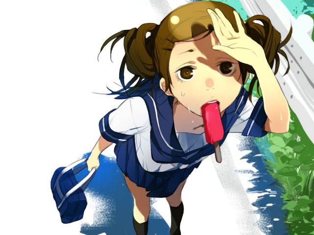 katagiri ikumi, original, 1girl, female focus, food, hot, mouth hold, nature, outdoors, popsicle, school uniform, serafuku, solo, sweat
