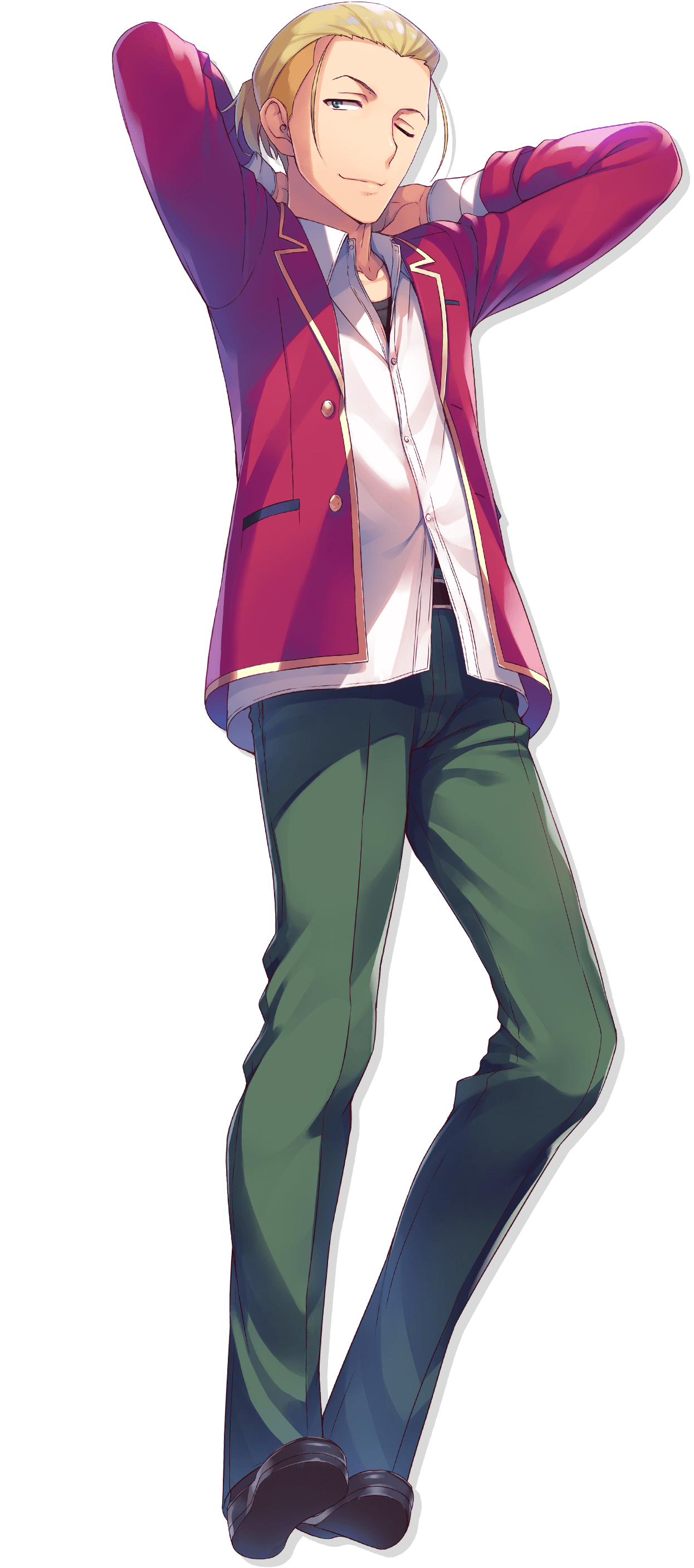 tomose shunsaku, youkoso jitsuryoku shijou shugi no kyoushitsu e, absurdres, highres, official art, 1boy, ;), advanced nurturing high school uniform, arms behind head, black shoes, blazer, blonde hair, closed mouth, collared shirt, full body, green pants, hashimoto masayoshi, jacket, long sleeves, looking at viewer, male focus, one eye closed, open clothes, open jacket, pants, ponytail, red jacket, school uniform, shirt, shoes, short ponytail, simple background, smile, solo, transparent background, untucked shirt, white shirt