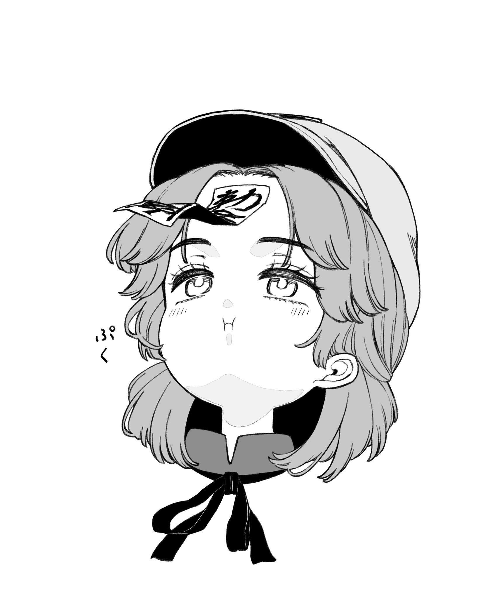 shika miso, miyako yoshika, touhou, commentary request, highres, 1girl, :i, blush, closed mouth, greyscale, hat, head only, jiangshi, monochrome, neck ribbon, newsboy cap, ofuda, puffy cheeks, ribbon, short hair, simple background, solo