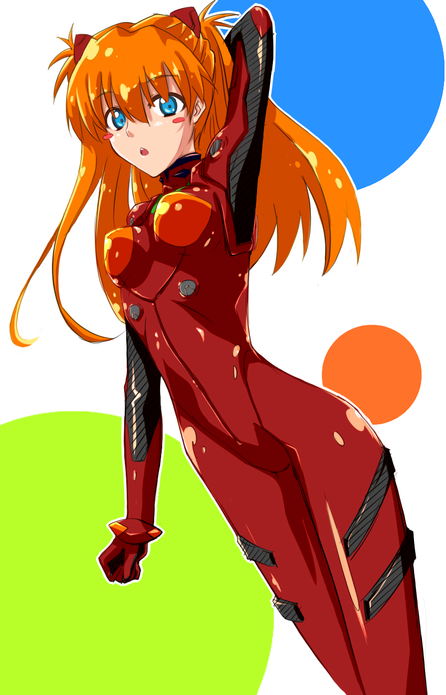 prime (prime tw), souryuu asuka langley, neon genesis evangelion, highres, 1girl, :o, arm at side, arm up, armpits, arms behind back, arms behind head, blue eyes, blush stickers, bodysuit, bracer, breasts, brown hair, chestnut mouth, clenched hand, cowboy shot, curvy, dutch angle, female focus, from side, gloves, hair between eyes, headgear, impossible bodysuit, impossible clothes, legs together, long hair, looking at viewer, mecha pilot suit, medium breasts, open mouth, orange hair, outline, plugsuit (evangelion), sketch, skin tight, skinny, solo, standing, surprised, transparent background, turtleneck, two side up, white background, wide hips
