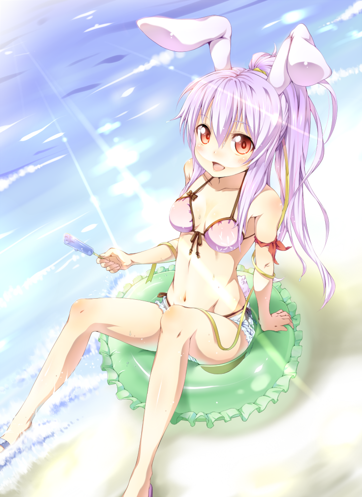 kazuma (kazumav), reisen udongein inaba, touhou, 1girl, alternate hairstyle, animal ears, arm support, beach, bikini, blush, cutoffs, day, denim, denim shorts, female focus, food, front-tie top, innertube, legs, light rays, long hair, looking at viewer, navel, open mouth, outdoors, pink bikini, ponytail, popsicle, purple hair, rabbit ears, red eyes, sandals, short shorts, shorts, sitting, solo, sunbeam, sunlight, swim ring, swimsuit, water