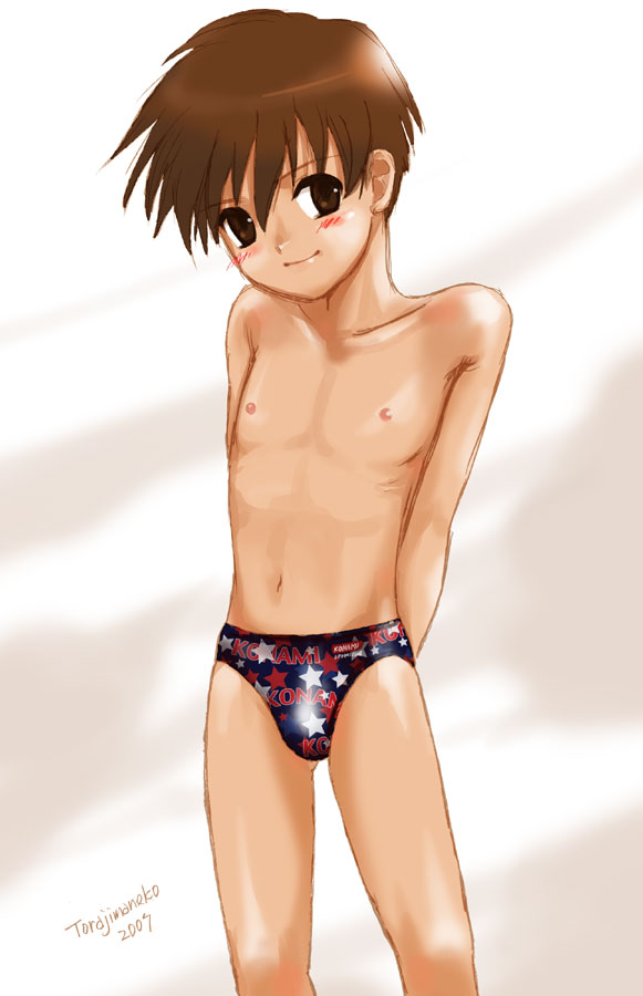 torajimaneko, konami, original, bad id, bad pixiv id, 1boy, artist name, black male swimwear, black swim briefs, blush, brown eyes, brown hair, bulge, feet out of frame, looking at viewer, male focus, male swimwear, male swimwear writing, print male swimwear, print swim briefs, print swimsuit, short hair, shota, solo, star (symbol), star print, swim briefs, swim briefs writing, swimsuit, swimsuit writing, topless male