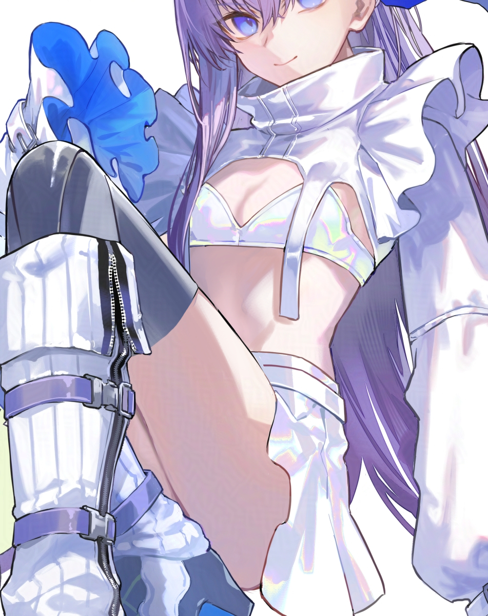 poppoman, meltryllis (fate), fate/grand order, fate (series), commentary request, highres, 1girl, blue eyes, boots, bra, breasts, knee boots, knees up, long hair, long sleeves, looking at viewer, prosthesis, prosthetic leg, purple hair, shrug (clothing), simple background, sitting, skirt, small breasts, smile, solo, underwear, white background