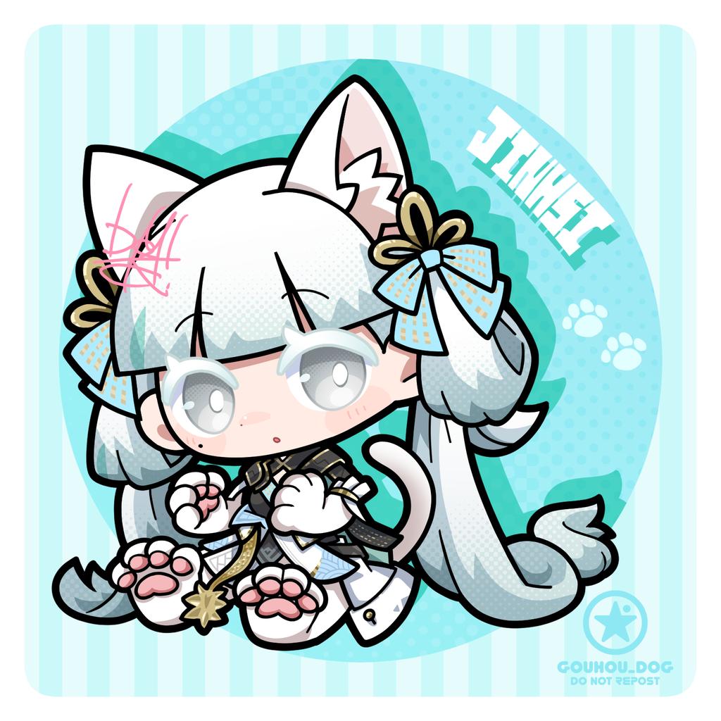 dog-san, jinhsi (wuthering waves), wuthering waves, commentary, 1girl, animal ear fluff, animal ears, animal feet, animal hands, black dress, blue bow, blunt bangs, bow, bright pupils, cat ears, character name, coat, colored eyelashes, dress, hair bow, kemonomimi mode, long hair, solo, twintails, very long hair, white coat, white eyelashes, white eyes, white hair, white pupils