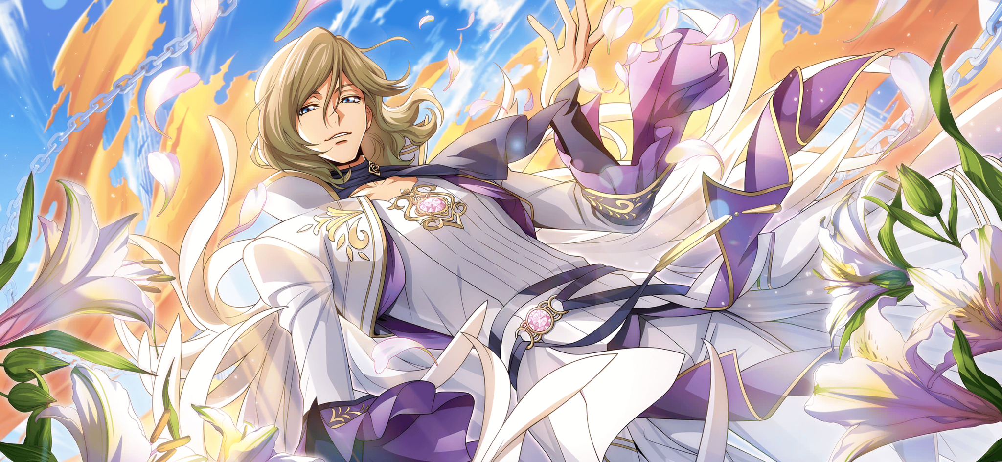 f4samurai, clovis la britannia, code geass, code geass: lost stories, highres, official art, tagme, 1boy, blonde hair, blue eyes, blue sky, chain, flower, happy, looking at viewer, medium hair, sky, smile, solo, teeth, white flower