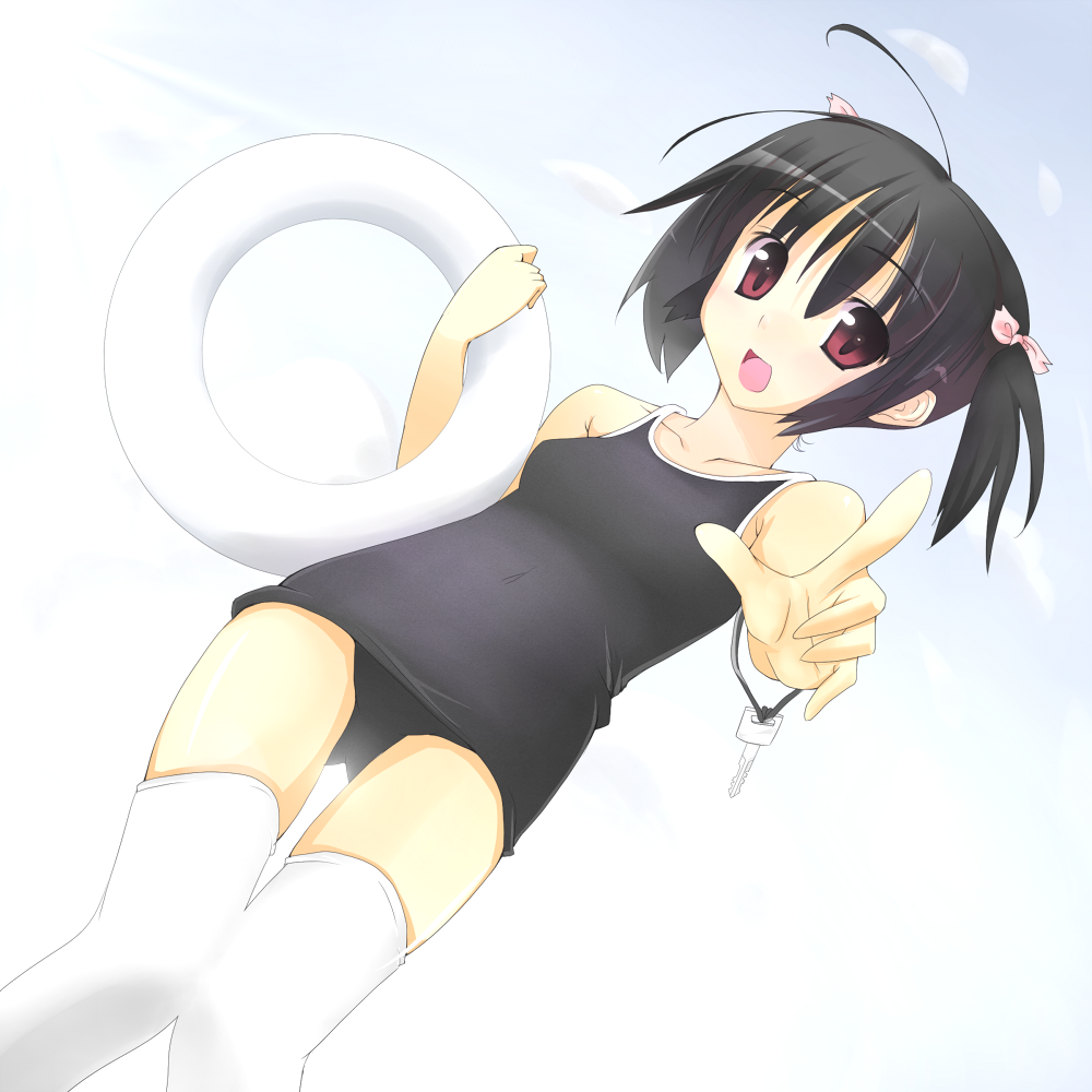 akesaka iku, yuzuhara konomi, to heart (series), to heart 2, 00s, black hair, black one-piece swimsuit, key, one-piece swimsuit, school swimsuit, short hair, solo, swimsuit, thighhighs, twintails