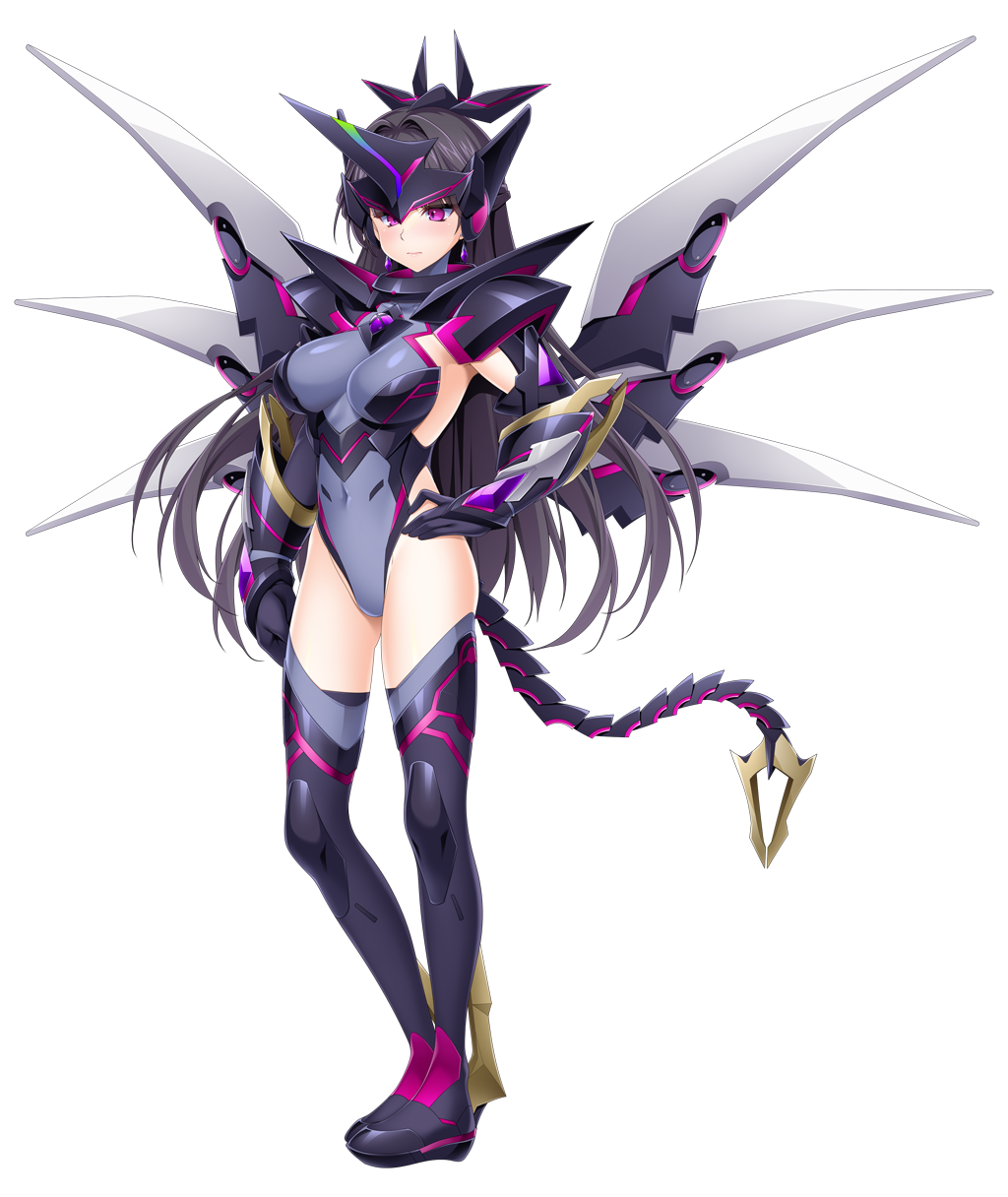 kamitsurugi ouka, itakano shigure, kouyoku senki exs-tia concert, game cg, highres, large variant set, non-web source, official art, variant set, 1girl, armor, avalastia, black hair, boots, breasts, closed mouth, corruption, covered navel, dark persona, detached wings, elbow gloves, full body, gloves, grey leotard, hand on own hip, headgear, horns, large breasts, leotard, long hair, looking at viewer, mecha musume, mechanical horns, mechanical tail, mechanical wings, purple eyes, single horn, solo, standing, tachi-e, tail, thigh boots, thighhighs, transparent background, wings