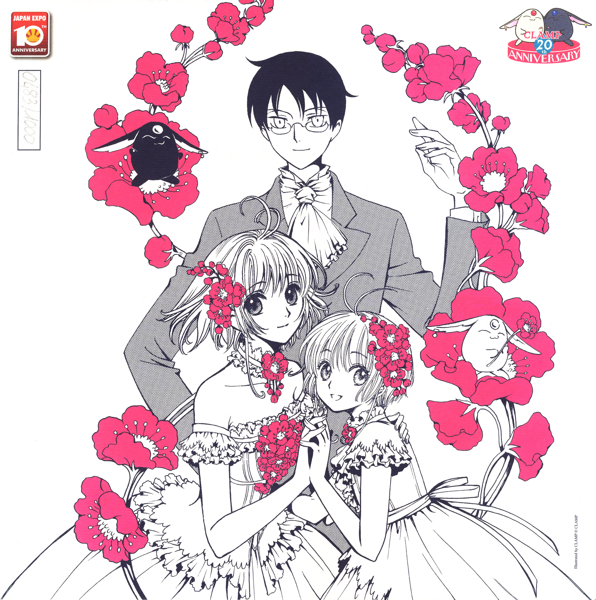 clamp, kinomoto sakura, mokona, sakura hime, watanuki kimihiro, cardcaptor sakura, tsubasa chronicle, xxxholic, hand on shoulder, highres, official art, scan, 00s, 1990s (style), 1boy, 2girls, aged down, aged up, anniversary, antenna hair, artist name, ascot, bare shoulders, child, company connection, creator connection, crossover, dress, dual persona, flower, formal clothes, frilled dress, frills, gathers, glasses, gown, greyscale, hair flower, hair ornament, holding hands, interlocked fingers, jacket, monochrome, multiple crossover, multiple girls, partially colored, retro artstyle, short hair, short sleeves, spot color