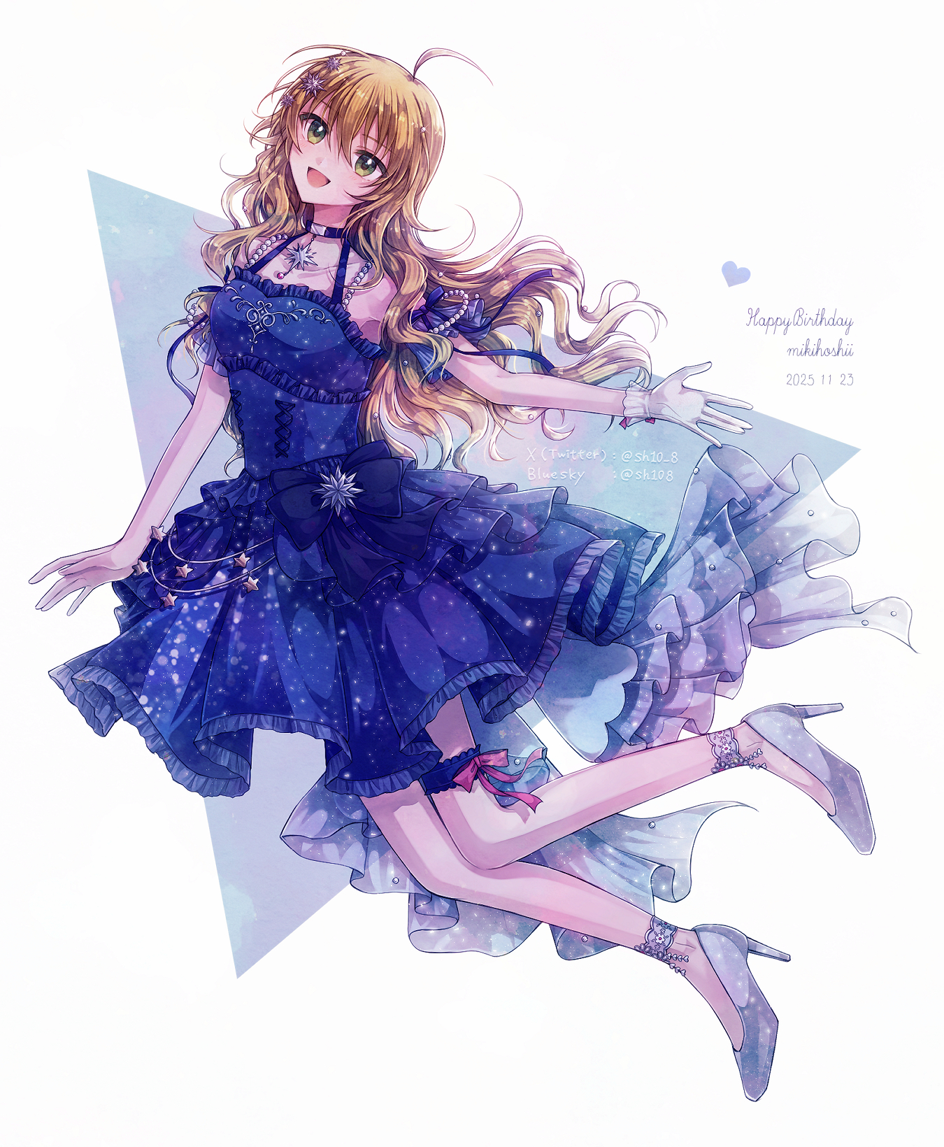 shio (108), hoshii miki, idolmaster, commentary request, highres, 1girl, :d, ahoge, blonde hair, blue dress, detached sleeves, dress, english text, frilled sleeves, frilled thigh strap, frills, gloves, green eyes, happy birthday, high heels, jewelry, long hair, looking at viewer, open mouth, shoes, silver shoes, simple background, smile, solo, star ornament, thigh strap, white gloves