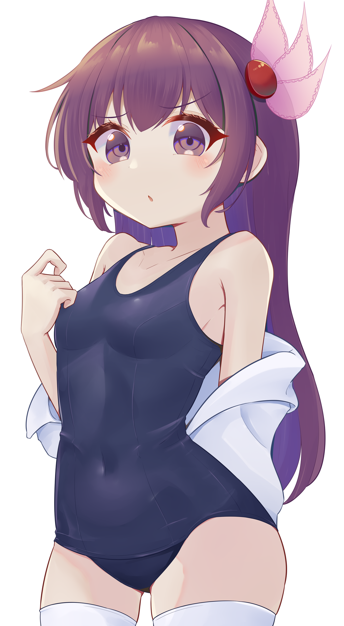 minakami mimimi, kisaragi (kancolle), kantai collection, commentary request, highres, 1girl, bag, blush, breasts, brown hair, collarbone, cowboy shot, crescent, hair ornament, jacket, long hair, long sleeves, looking at viewer, open clothes, open jacket, purple eyes, school bag, school swimsuit, small breasts, smile, solo, swimsuit, swimsuit under clothes, thighhighs, white jacket, white thighhighs