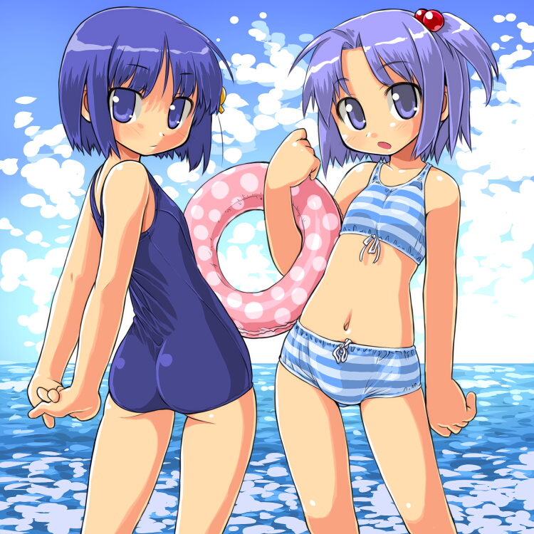 dd (ijigendd), 98-tan, 98se-tan, os-tan, striped, bad id, bad pixiv id, 2girls, arms behind back, ass, beach, bikini, blue eyes, blue hair, bob cut, child, cloud, day, hair bobbles, hair ornament, hairpin, horizon, innertube, looking at viewer, looking back, midriff, multiple girls, navel, ocean, one-piece swimsuit, outdoors, ponytail, purple eyes, purple hair, school swimsuit, short hair, side ponytail, sky, swim ring, swimsuit, water