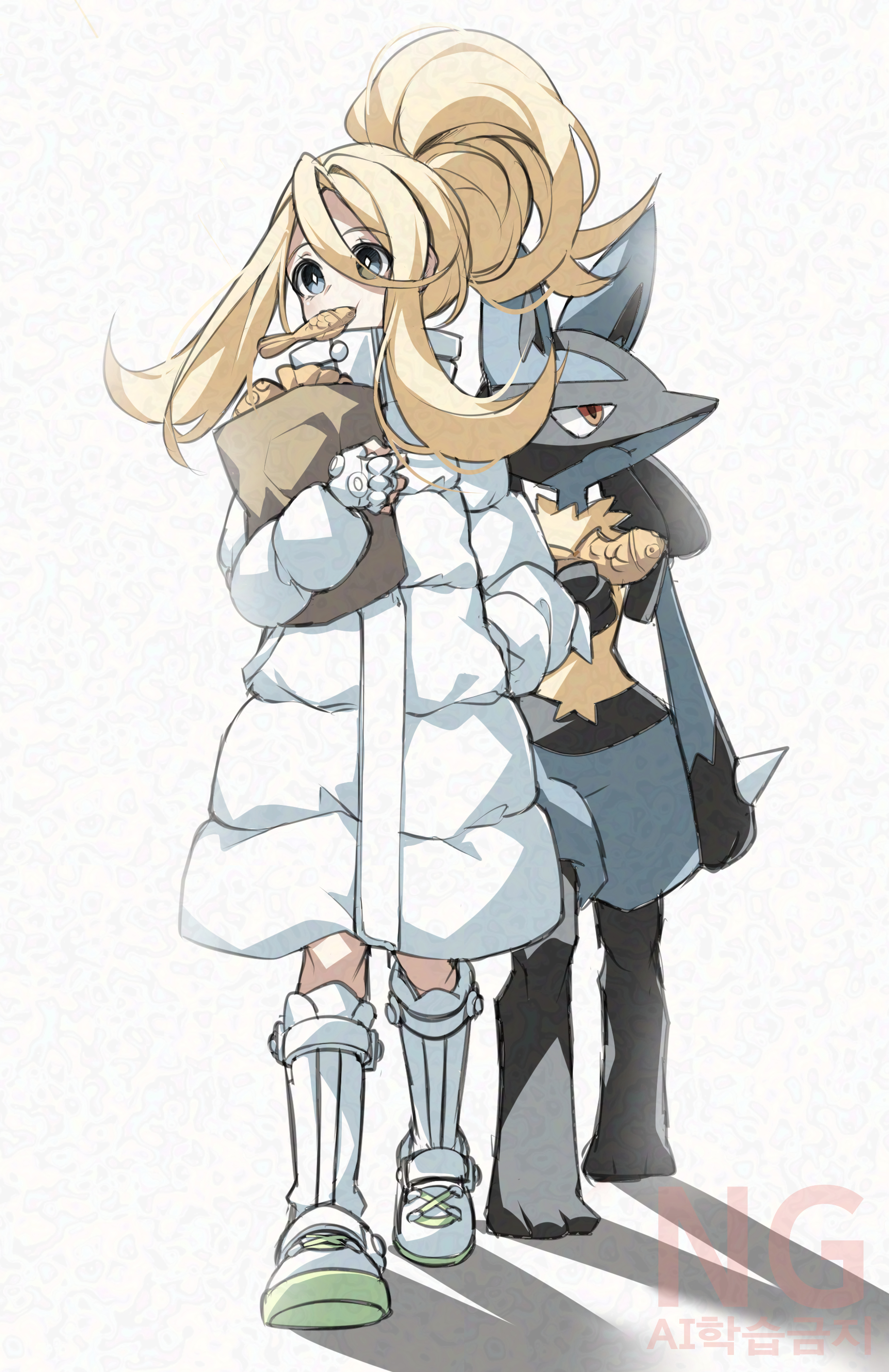 cloudsmoothie, korrina (pokemon), lucario, nintendo, pokemon, pokemon legends: z-a, absurdres, commentary request, highres, korean commentary, 1girl, bag, blonde hair, blue eyes, coat, eating, fingerless gloves, food in mouth, full body, gen 4 pokemon, gloves, hair between eyes, hand in pocket, holding, holding bag, long bangs, long sleeves, looking to the side, pokemon (creature), walking, white coat, white gloves