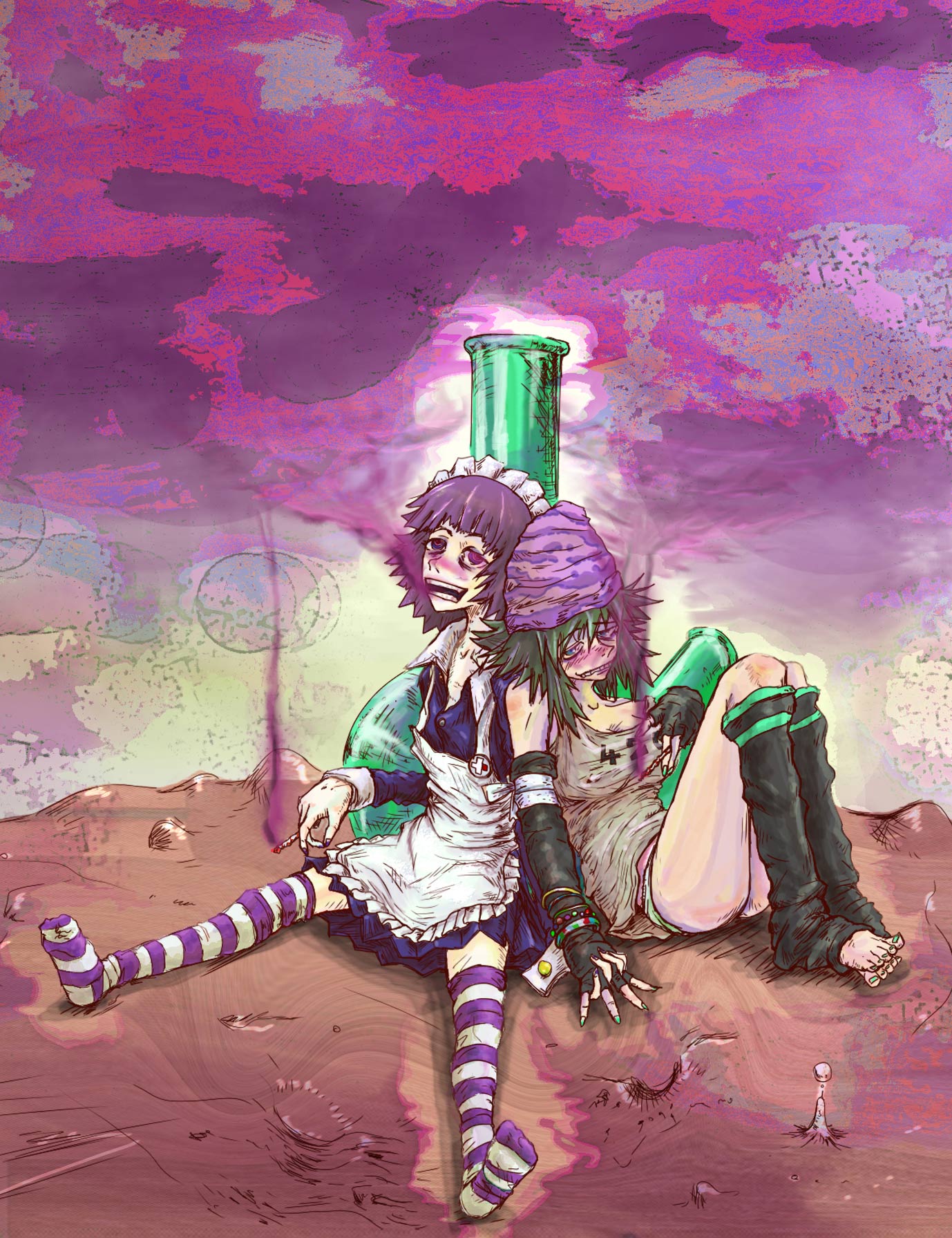 tcc tan, yakui, 420chan, futaba channel, nijiura maids, striped legwear, highres, md5 mismatch, resolution mismatch, source smaller, 2girls, 420 chan, bong, drugged, drugs, holding hands, marijuana, multiple girls, purple hair, smoking, socks, stoned, striped clothes, striped thighhighs, thighhighs