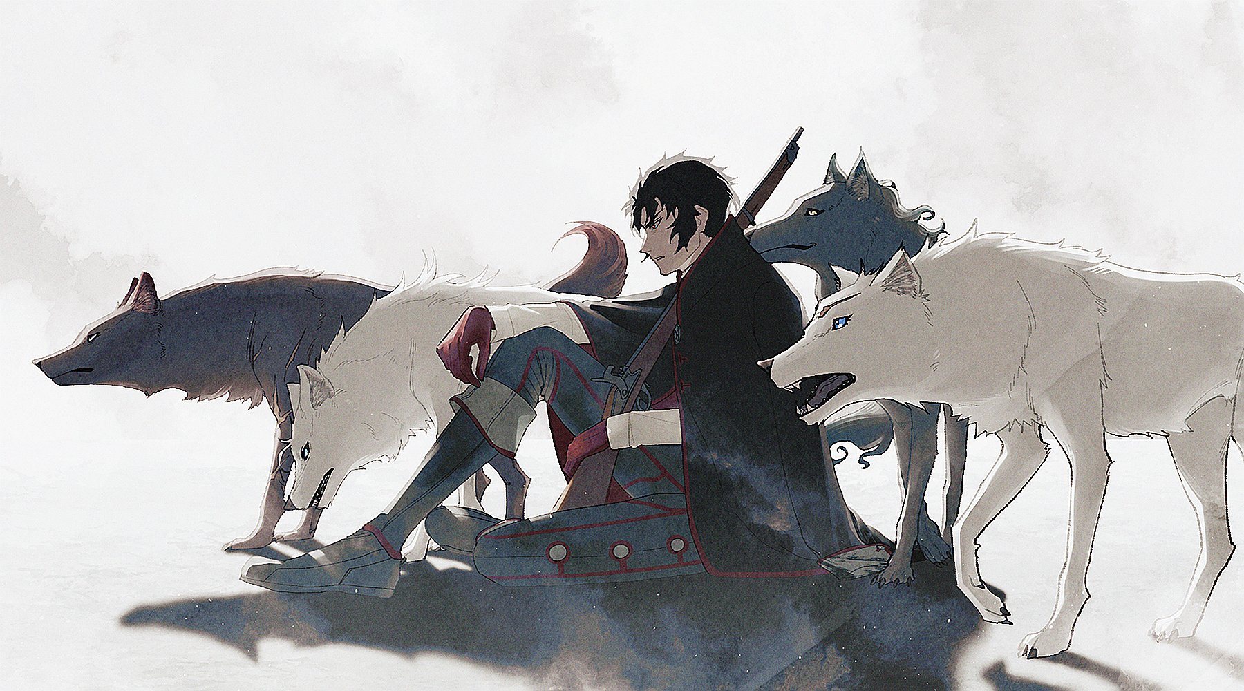 lv1na ura, harada sanosuke (fate), hijikata toshizou (fate), nagakura shinpachi (fate), saitou hajime (fate), toudou heisuke (fate), fate/grand order, fate (series), commentary, highres, symbol-only commentary, 1boy, animalization, black hair, boots, coat, gun, knee boots, male focus, on ground, pants, profile, red eyes, rifle, shinsengumi (fate), short hair, sitting, solo, weapon, wolf